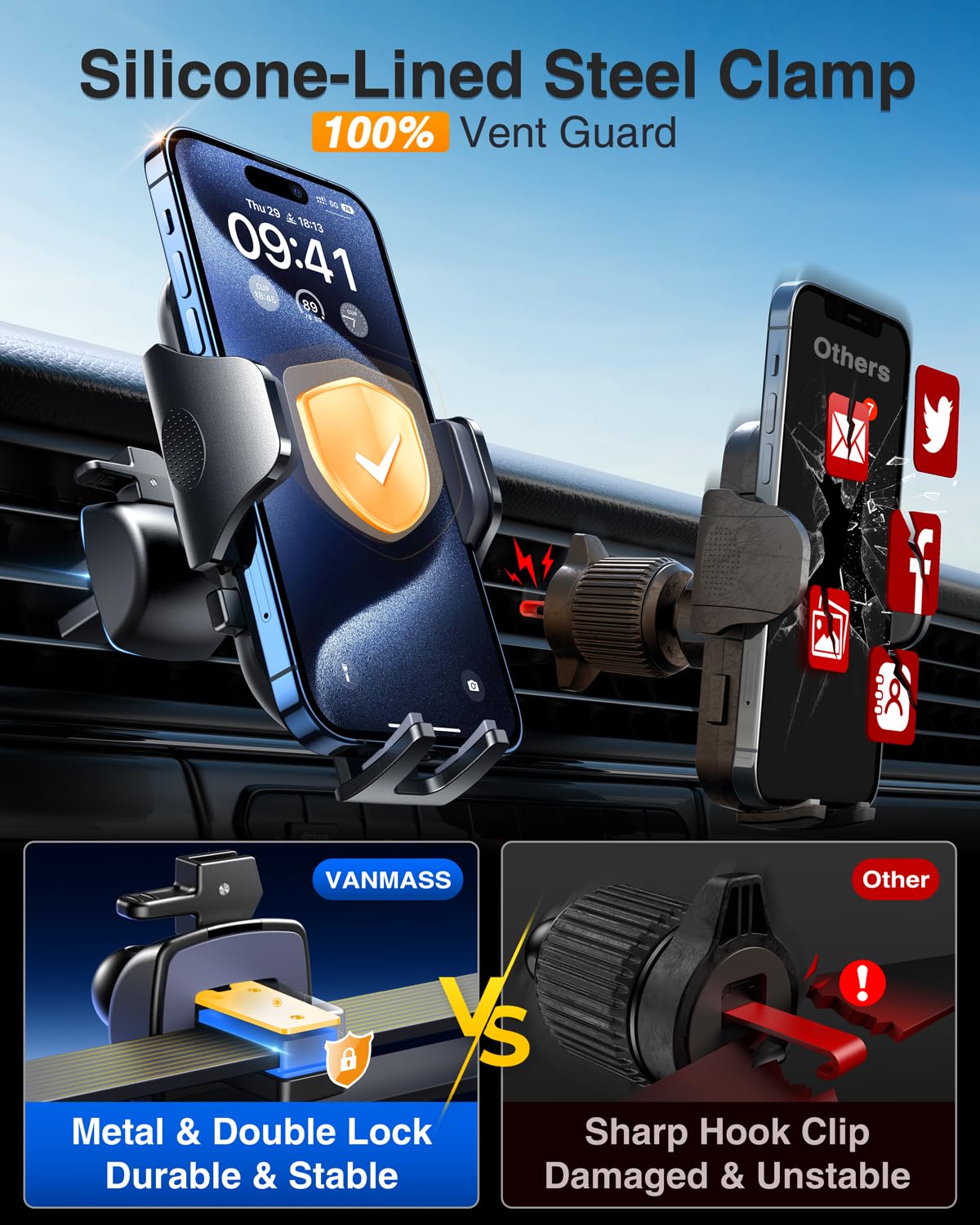 VANMASS Universal Car Phone Holder - Military-Grade Windshield & Dashboard Mount for iPhone, Samsung & Android Phones (65 lbs Strong Suction, Patent Certified) - Perfect for GPS Navigation, Hands-Free Calling & Road Trips