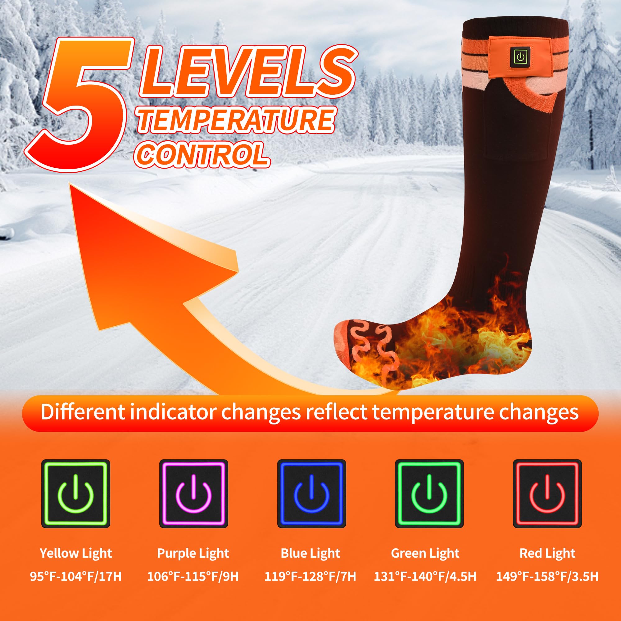 Rechargeable Heated Socks for Men & Women - 7.4V 6000mAh Battery, 17H Heat, 10s Fast Warm-Up, 5-Level Temperature Control, APP Remote - Washable Electric Foot Warmers for Skiing, Hiking, Camping & Winter Outdoor Activities