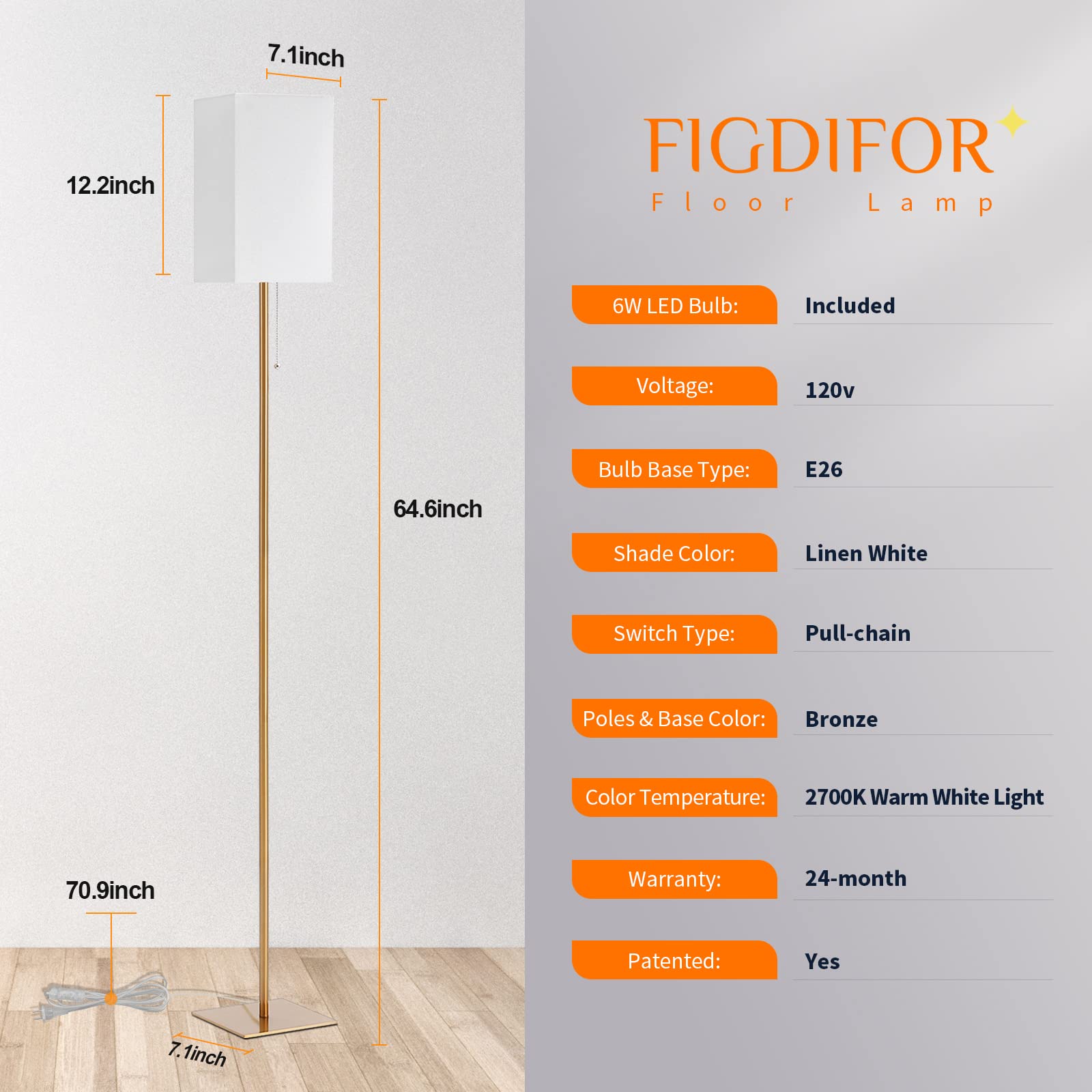 Modern Floor Lamp with Linen Shade - Tall Standing Lamp for Living Room, Bedroom, Office & Kids Room | LED Bulb Included | Perfect for Reading, Working & Home Decor