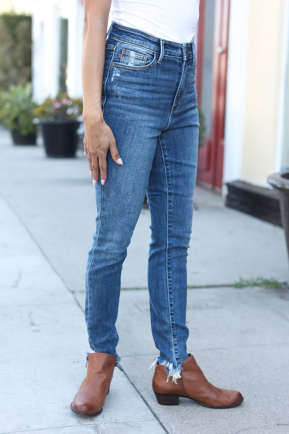 Judy Blue Dark Wash Mid Rise Minimal Distressed Straight Leg Jeans for Women | Comfortable & Stylish Everyday Denim Pants for Casual Wear, Work & Outings