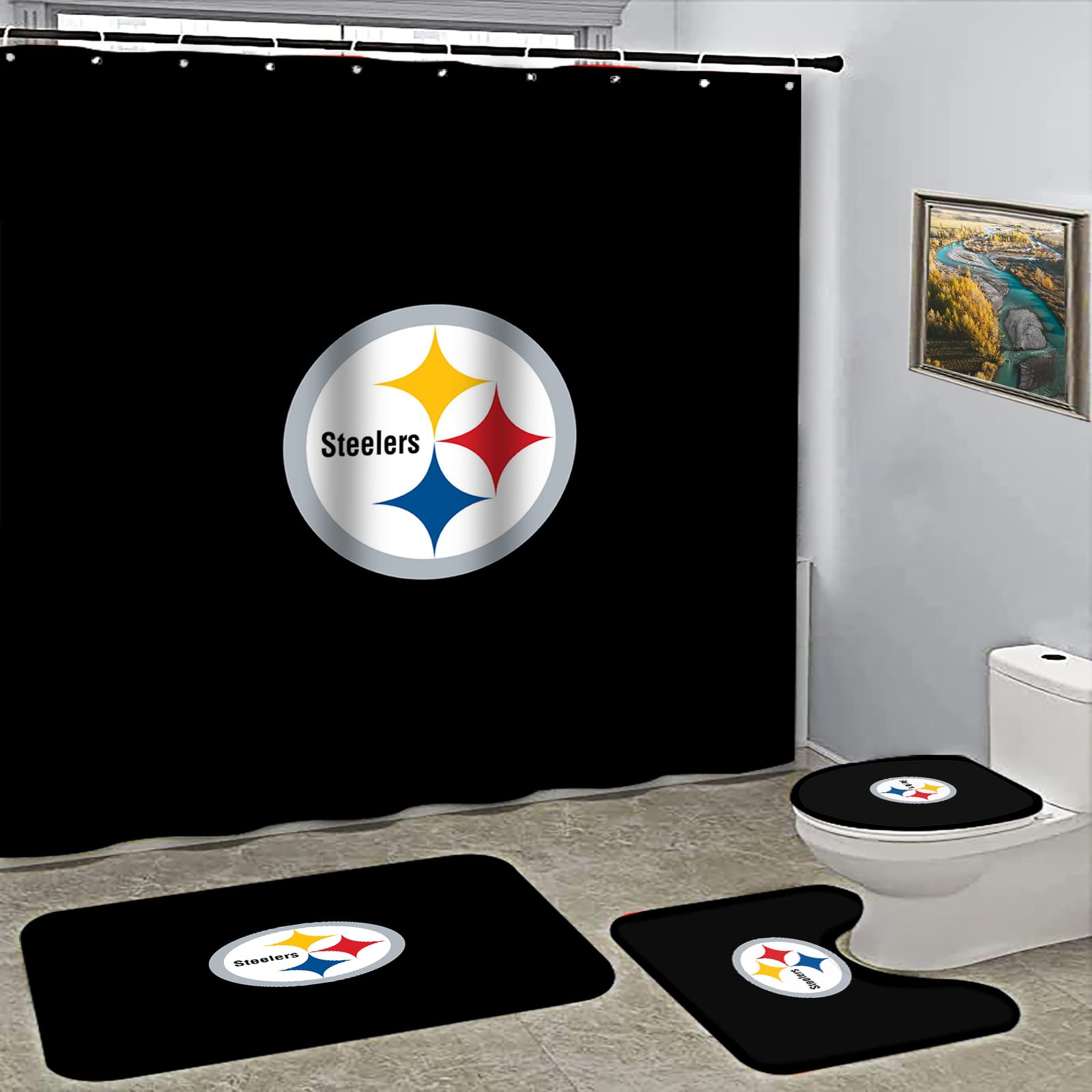 4PCS Pittsburgh Steelers Themed Bathroom Set - Non-Slip Shower Curtain, Rugs, Toilet Cover & Bath Mat with 12 Hooks (72