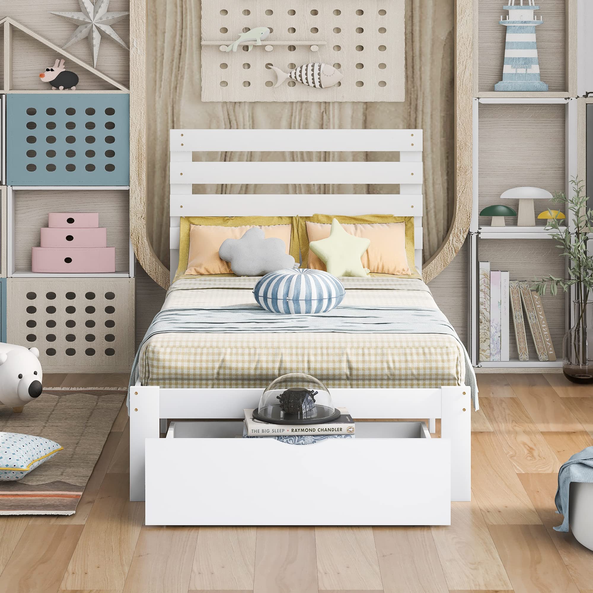 Twin Size Solid Wood Platform Bed Frame with Headboard & Storage Drawer | Space-Saving White Bed for Small Rooms | Perfect for Kids, Teens & Guest Bedrooms