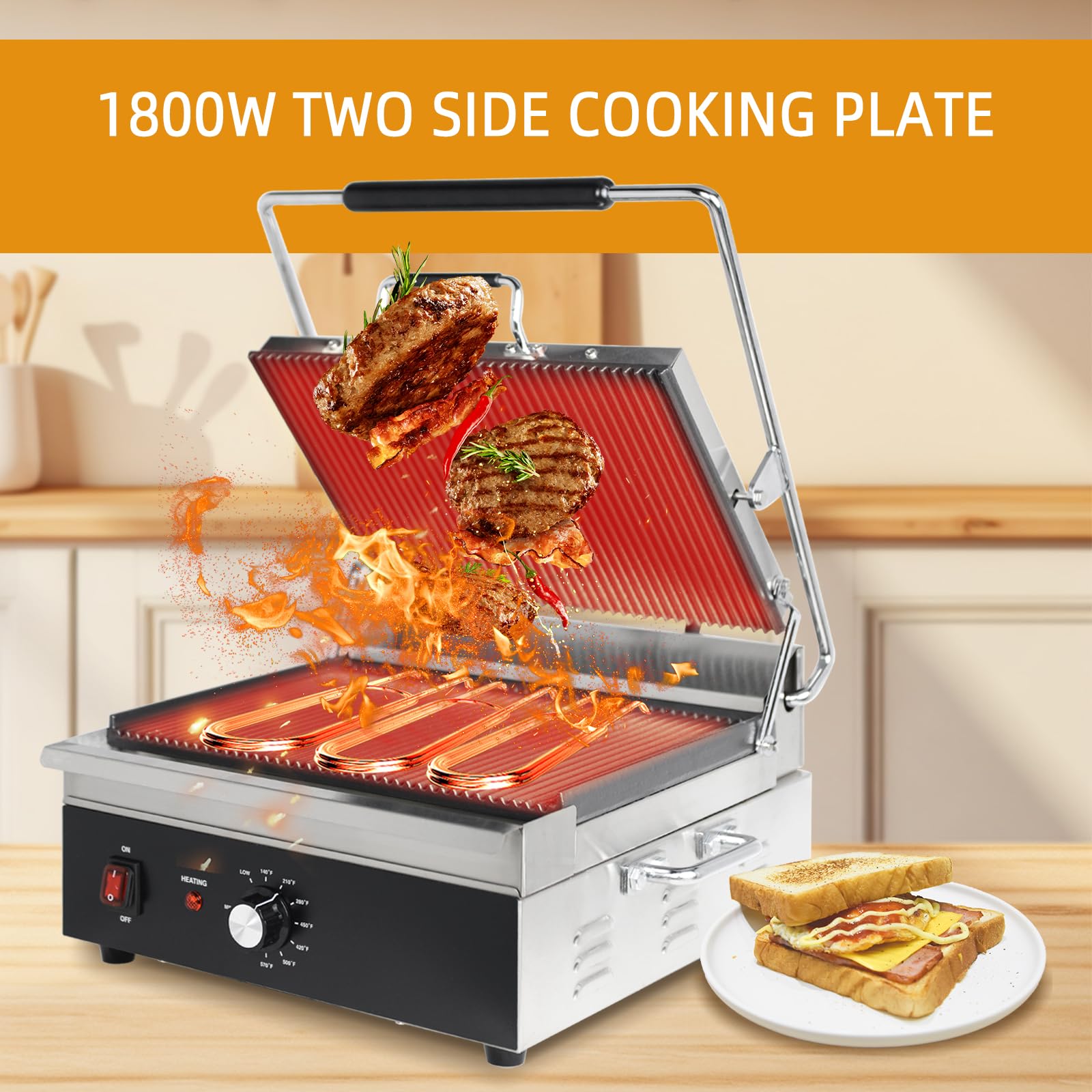 6-Slice Commercial Panini Press Sandwich Maker - 1800W Electric Grill with 15