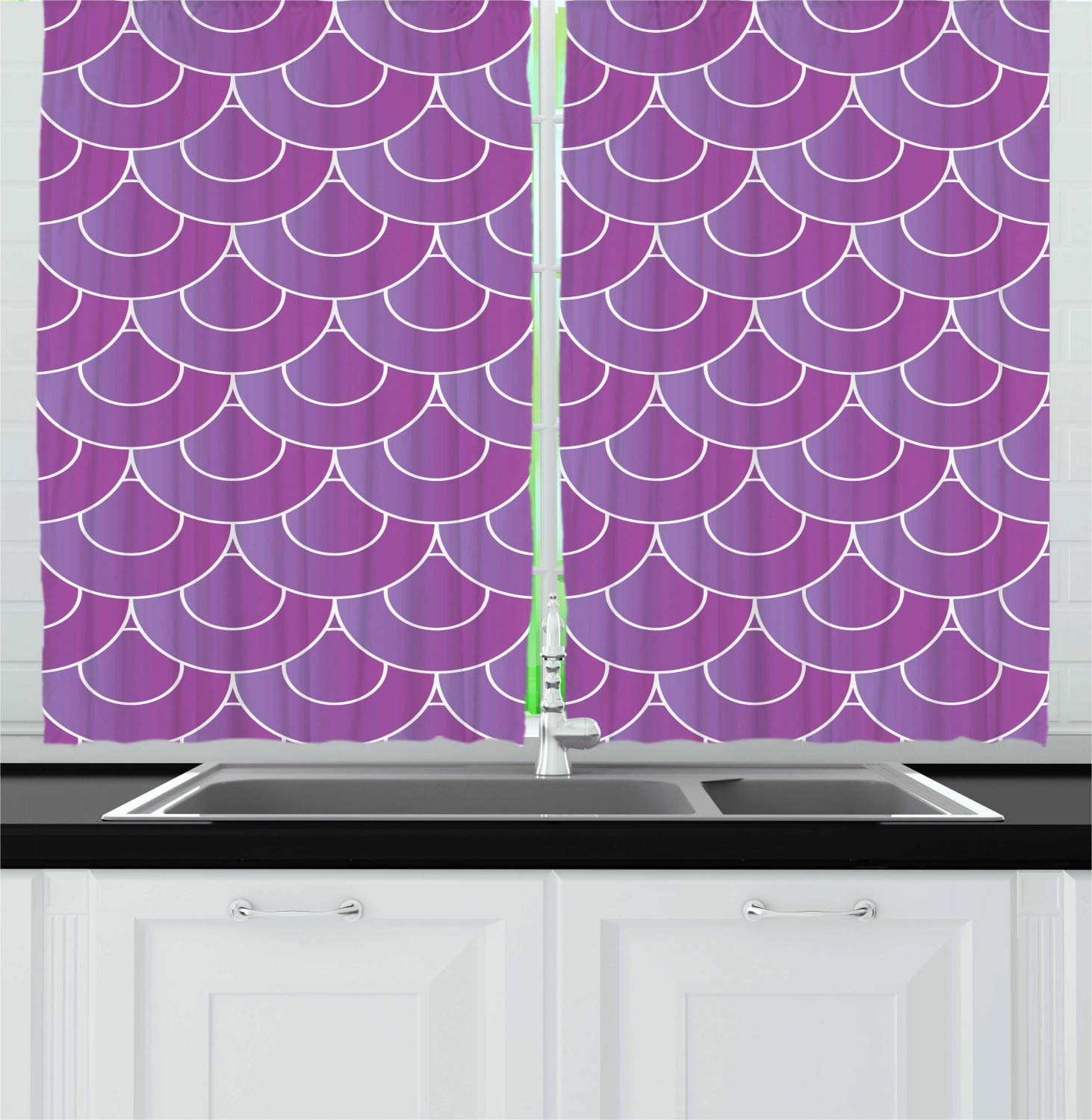 Ambesonne Abstract Kitchen Curtains Set of 2 - Vibrant Geometric Pattern with Japanese Inspired Half Circles, Fuchsia & White Window Drapes 55