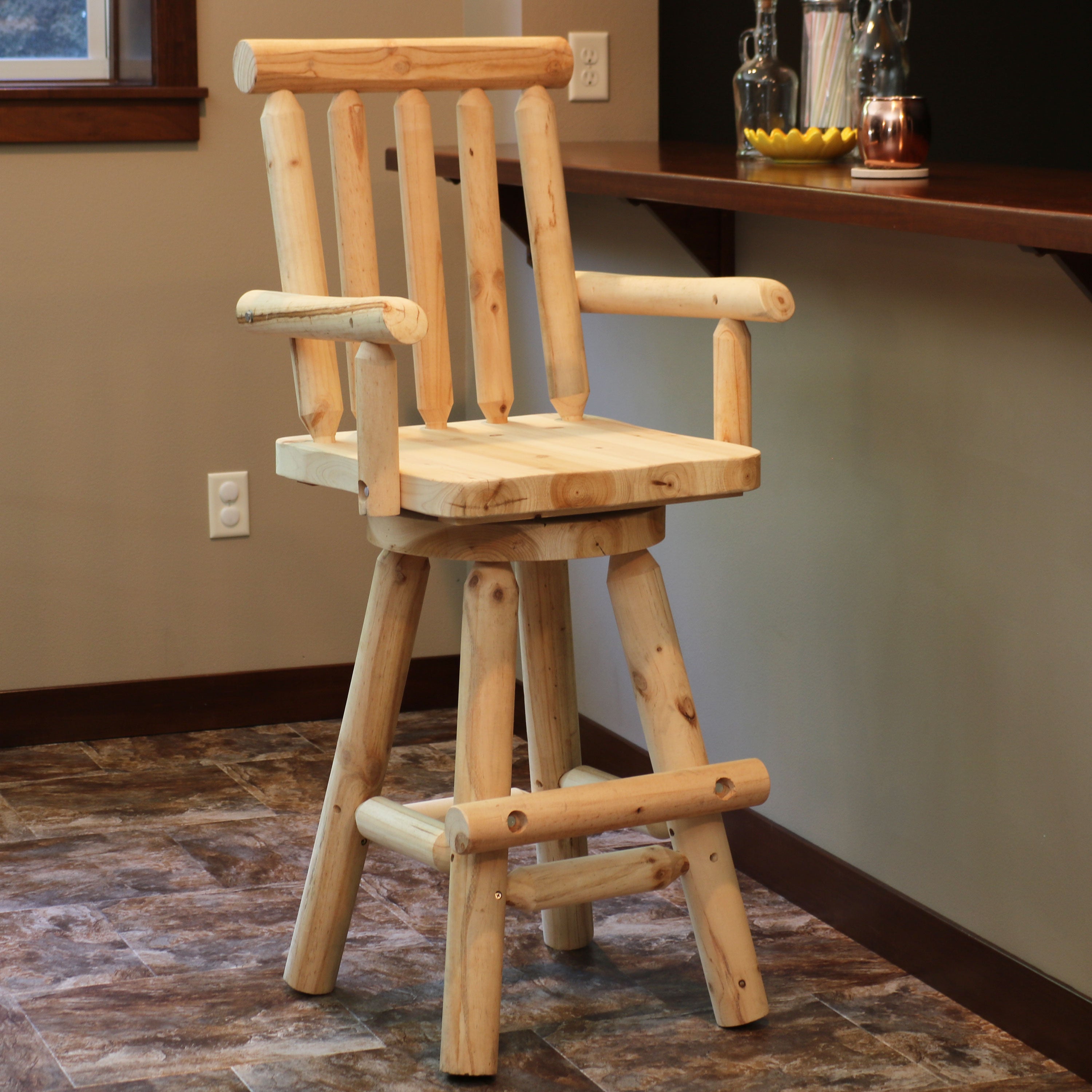 Rustic Outdoor Bar Stool - Log Cabin Style Bar Height Stool 42