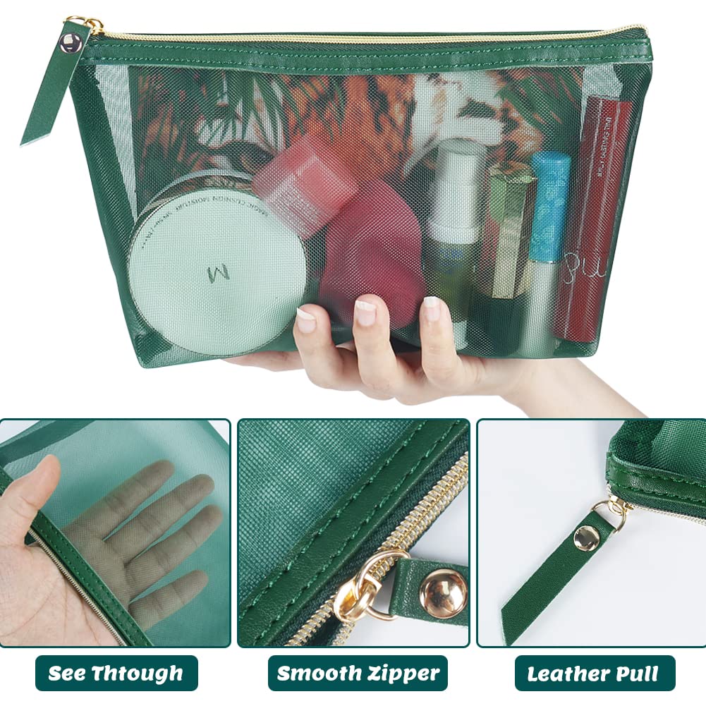 3pcs Mesh Cosmetic Bags Set - Nylon Makeup Pouches with Leather Pull & Gold Zipper for Travel Organizer, Purse, Diaper Bag (Emerald Green) - Perfect for Gym, Vacation & Daily Essentials Storage