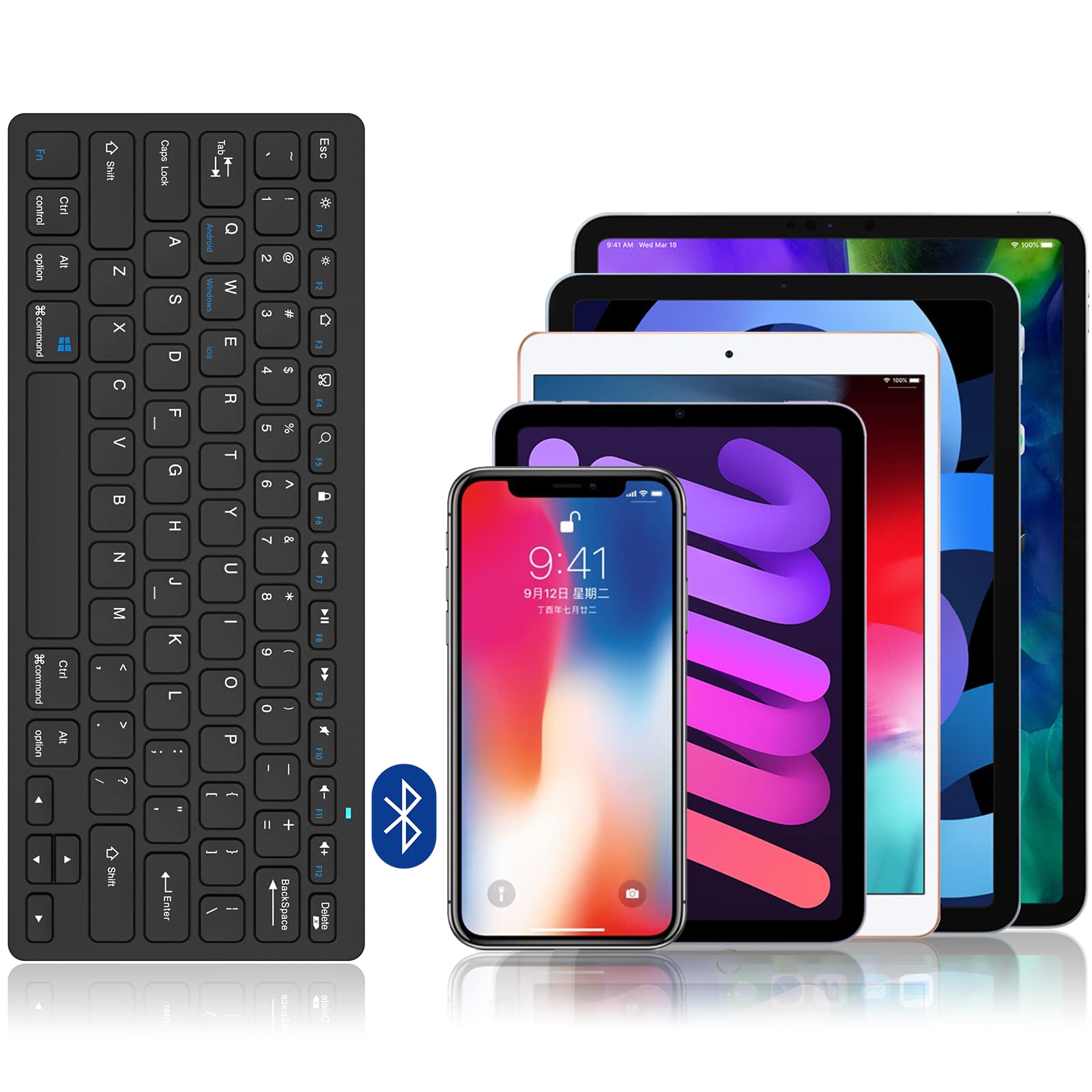 KBCASE Bluetooth Keyboard for Samsung/iPad, Wireless Keyboard Compatible with Windows/Android/iOS/iPad Pro/Air/Mini, iPhone & Bluetooth Devices - Perfect for Work, Study & Travel
