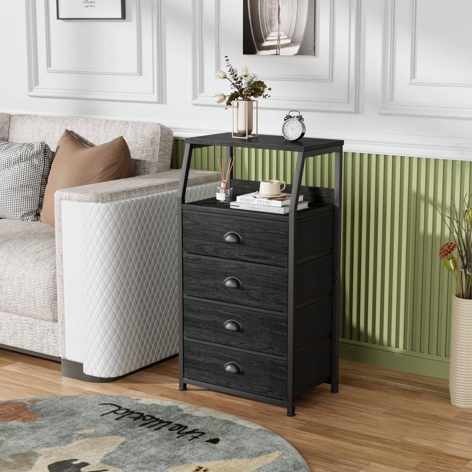 Furnulem Tall 4 Drawer Dresser - Vertical Storage Tower Organizer with Sturdy Steel Frame & Wood Top for Bedroom, Hallway, Entryway, Nursery | Space-Saving Closet & Nightstand Solution for Small Rooms & Apartments
