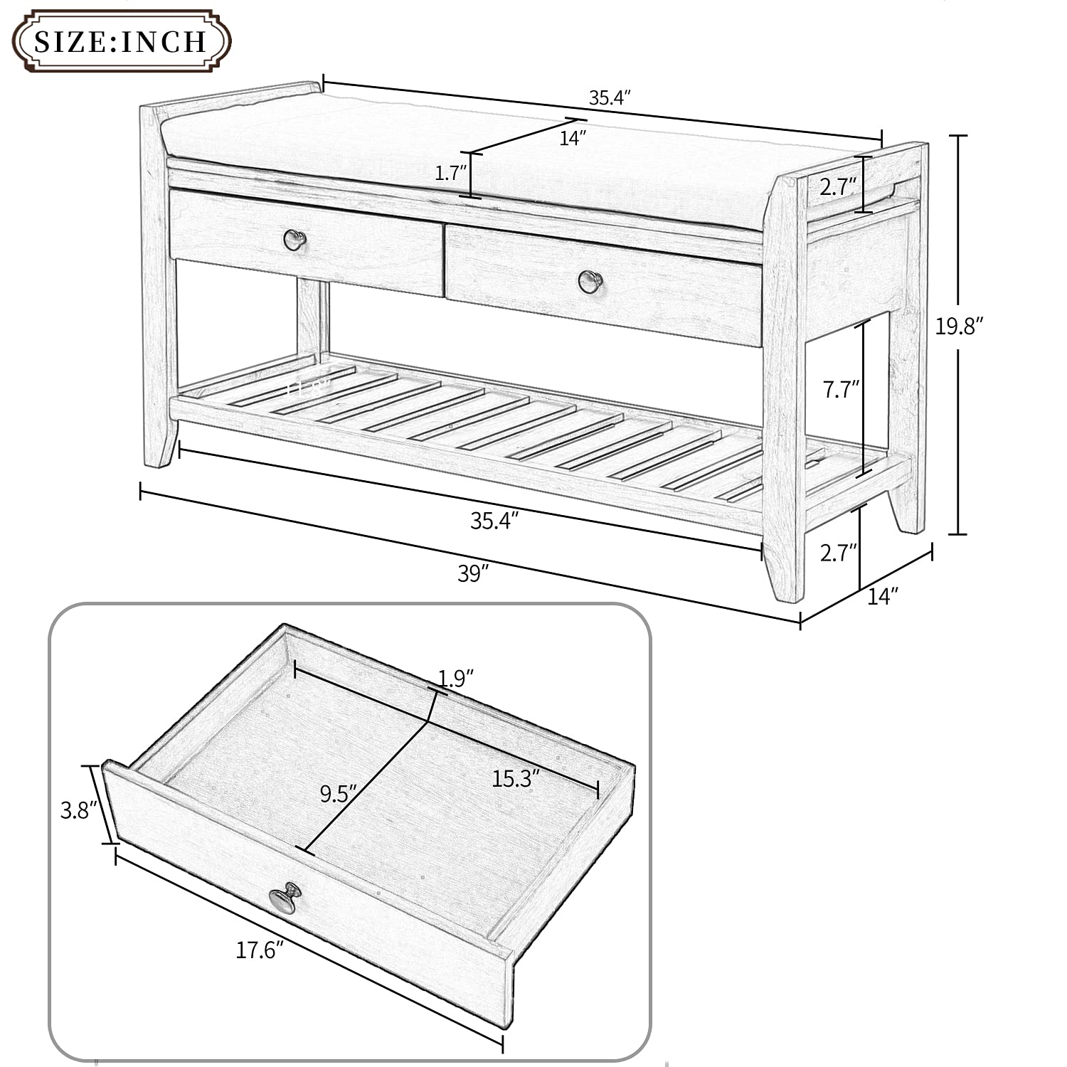 Multipurpose Storage Bench with Cushioned Seat & Drawers - White Entryway Shoe Rack Organizer for Hallway, Bedroom, or Mudroom Storage Solution