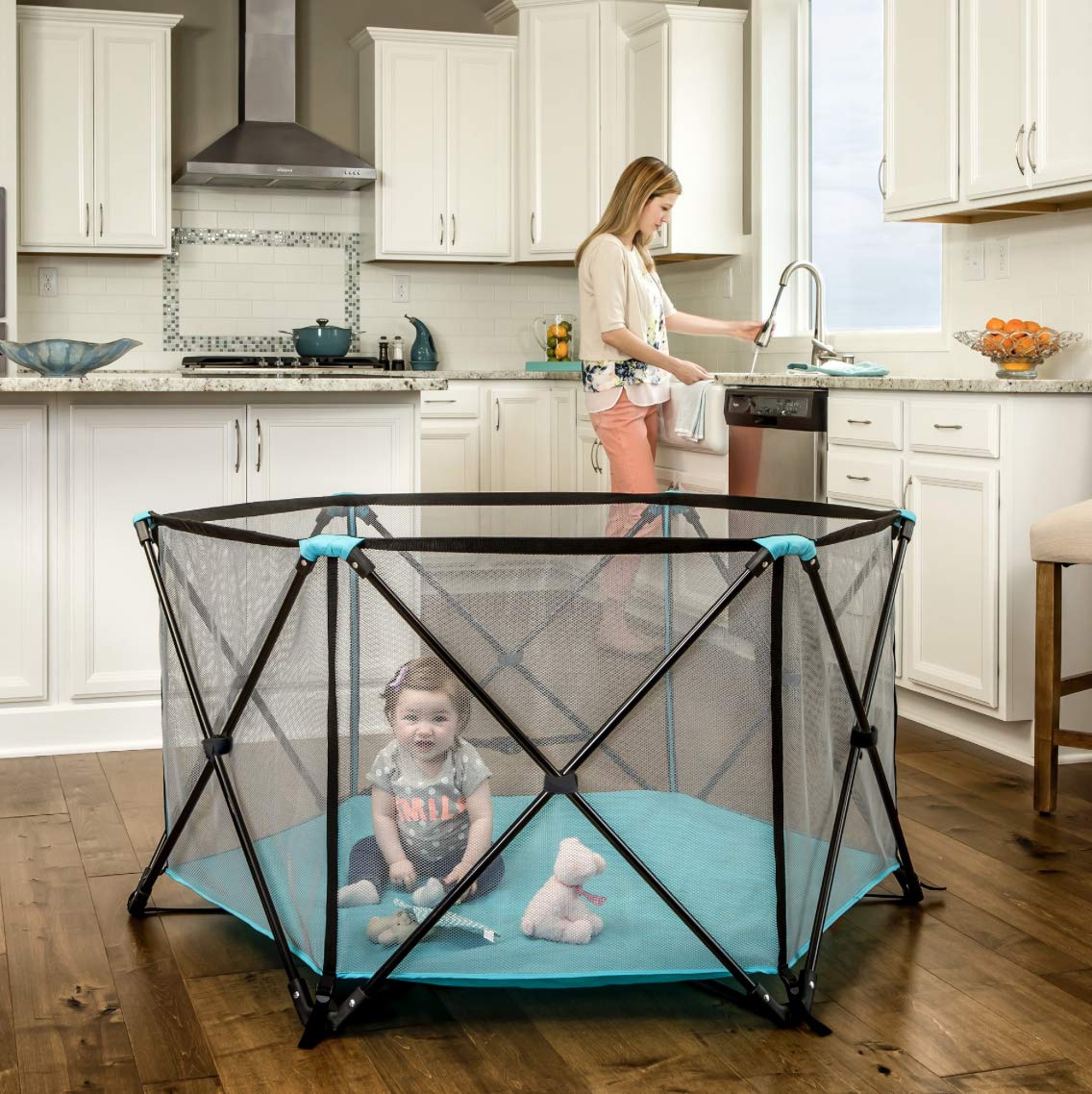 Regalo My Play Deluxe Portable Play Yard for Babies & Toddlers - Indoor/Outdoor Safety Playpen with Full Canopy - 6-Panel Foldable Baby Play Area (Aqua) - Perfect for Home, Park, Beach & Travel Use
