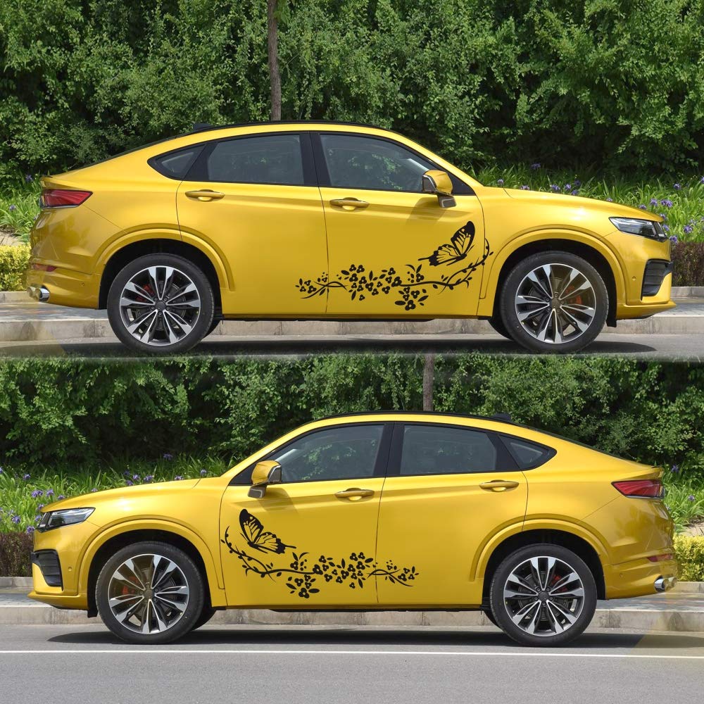 Butterfly Flower Car Decal Stickers - Black Vinyl Decals for Both Car Body Sides - Perfect for Car Customization, Personalization & Exterior Decoration