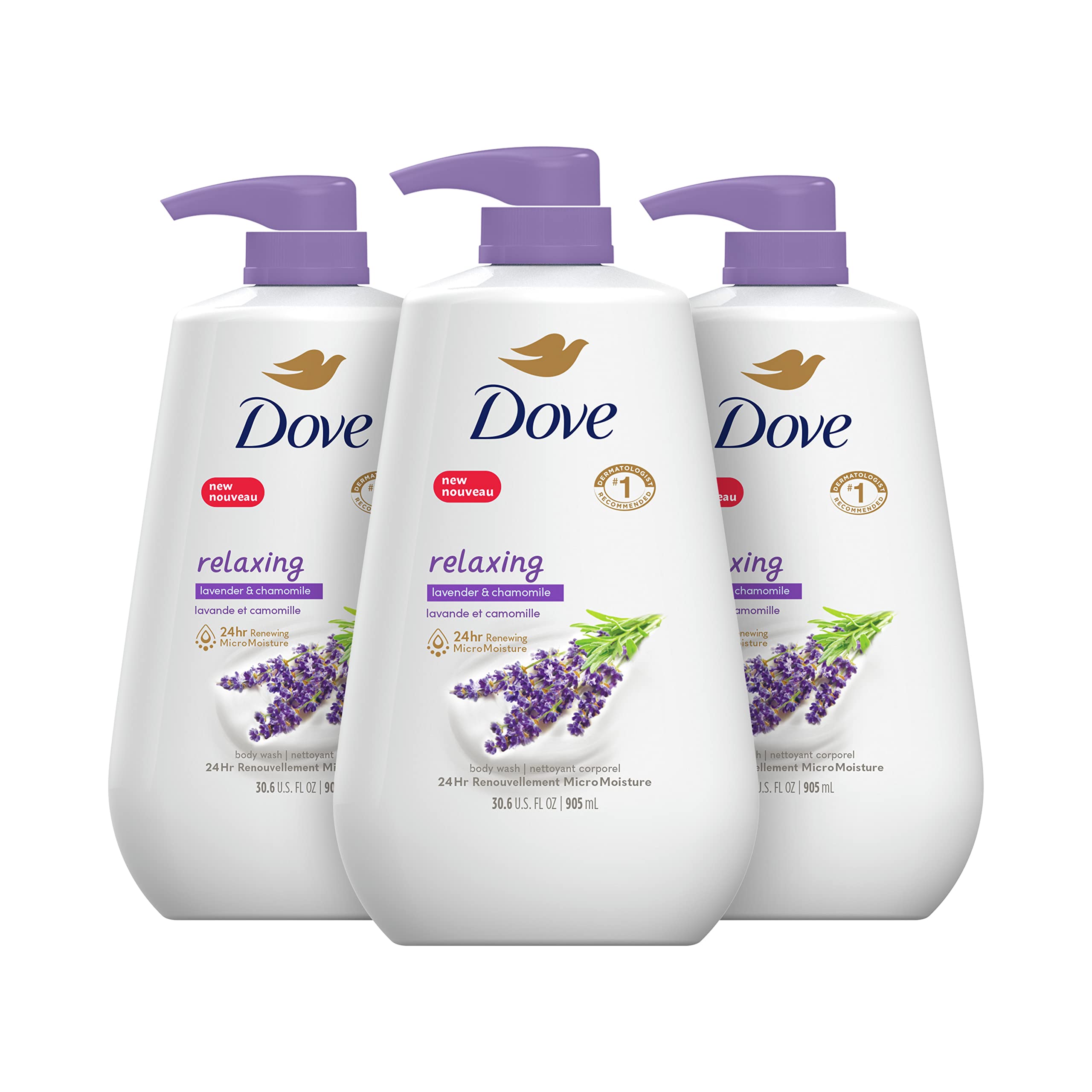 Dove Body Wash with Pump - Relaxing Lavender Oil & Chamomile (3 Pack) | Deep Moisture for Dry Skin | 24hr Hydrating Skin Cleanser | For Renewed, Healthy-Looking Skin | Perfect for Daily Shower & Spa Relaxation at Home