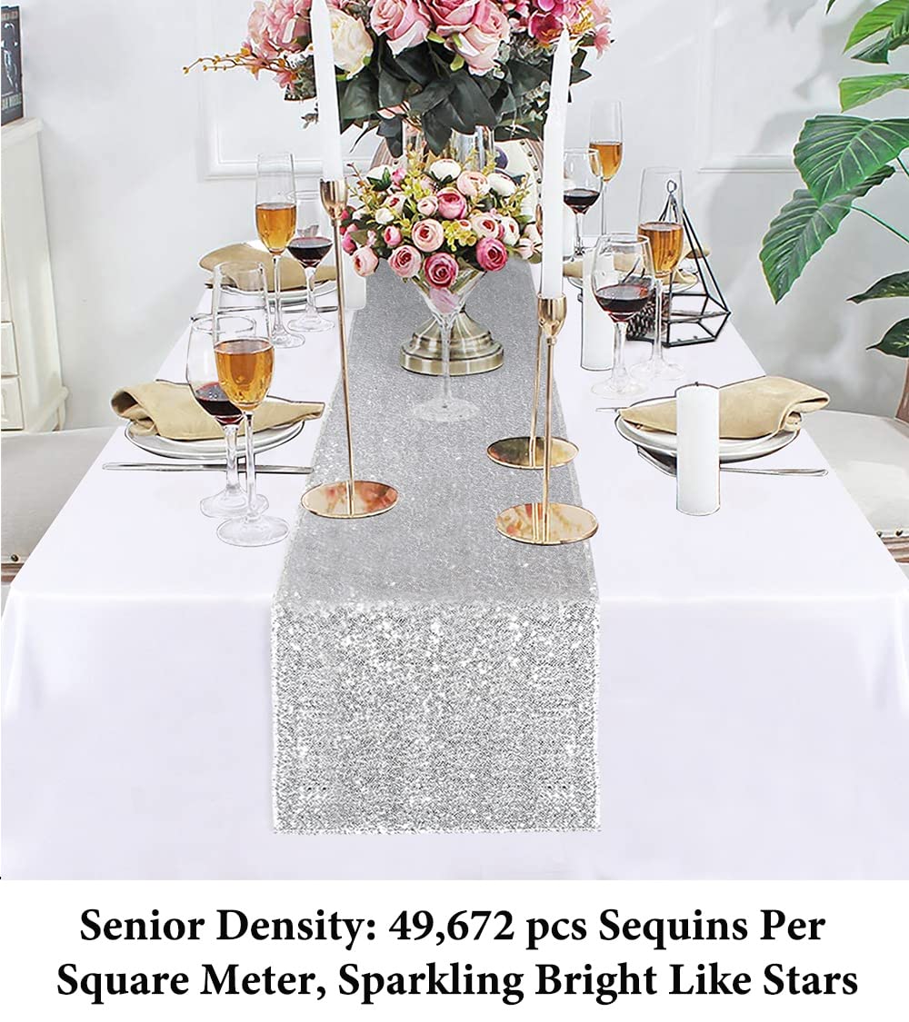 5-Pack Silver Sequin Table Runner 120 Inches Long - Shimmer Glitter Table Runners for Wedding, Party & Dining Table Decor - Perfect for Holiday Celebrations, Anniversary Dinners & Special Events
