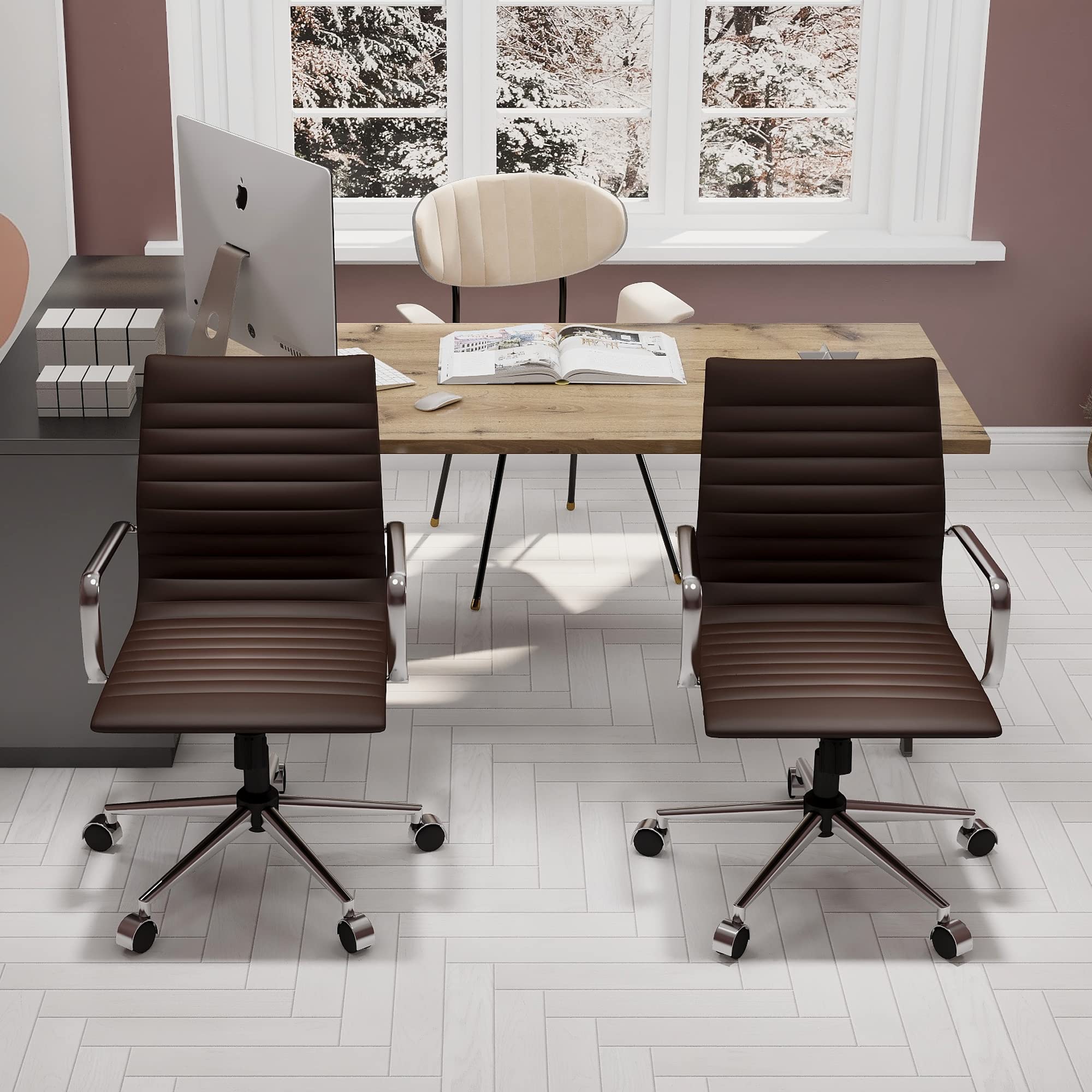 Ergonomic Leather Office Chair - Modern Swivel Executive Desk Chair with Ribbed Design for Home Office & Conference Room - Comfortable Rolling Task Chair for Computer Work & Long Hours Sitting