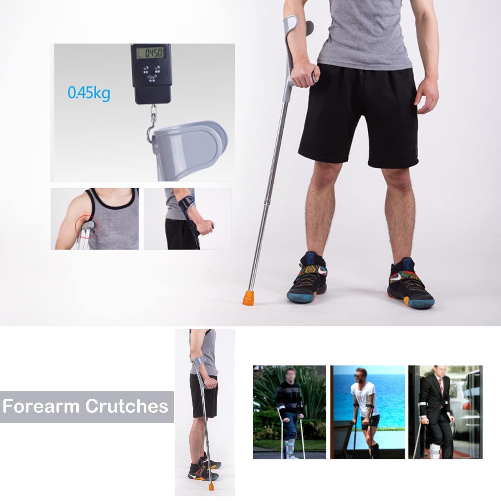 Lightweight Aluminum Folding Forearm Crutches for Adults - Ergonomic Design, Adjustable Height (1 Pair, Silver) - Perfect for Travel, Work, and Daily Mobility Support