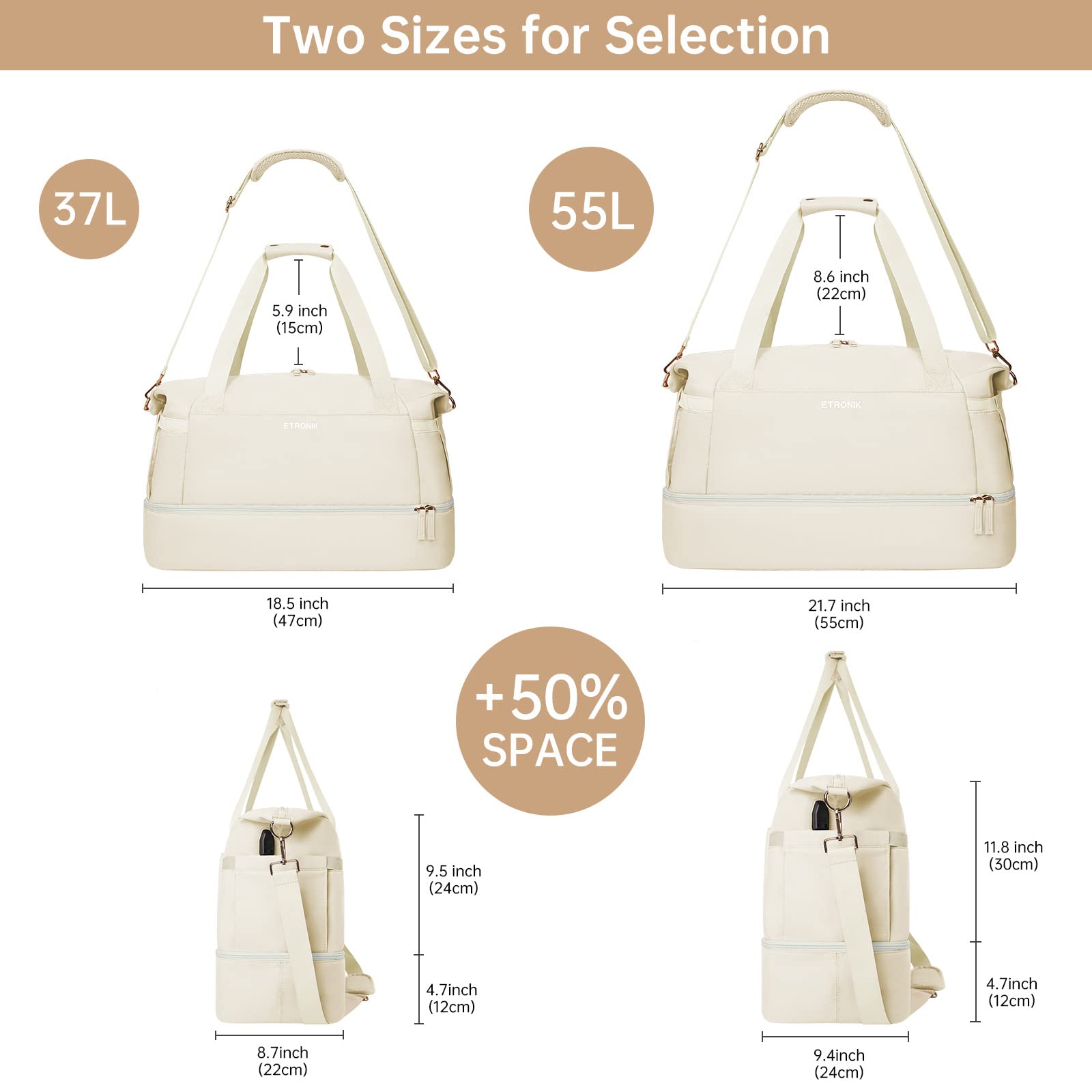 **Women's Large Weekender Bag with Shoe Compartment & USB Charging Port - Gym, Travel, Overnight Duffel & Hospital Bag with Wet Pocket (Off White) - Perfect for Weekend Getaways, Workouts & Business Trips**