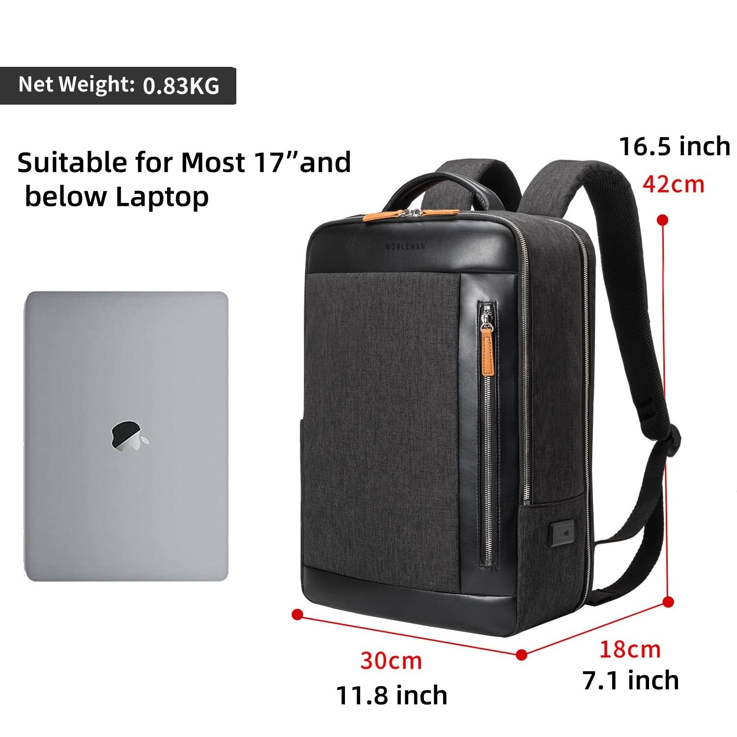 NOBLEMAN Professional Luxury Expandable Leather Laptop Backpack for Men, Waterproof Business Travel Office Backpack Fits 17 Inch Tech Laptop, Perfect for Executive, College, and Daily Commute (Black)