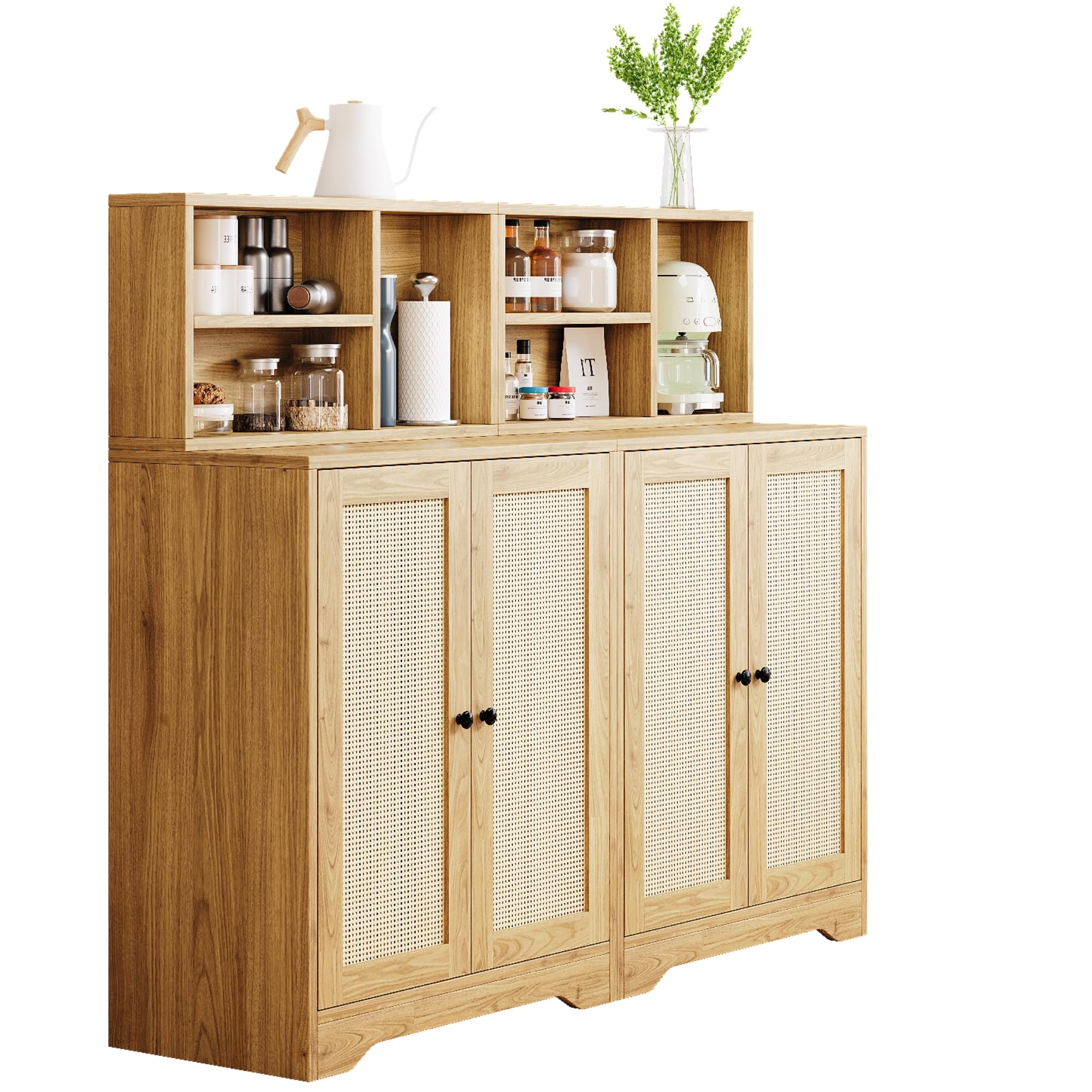 2-Piece Rattan Storage Cabinet Set with Doors - Natural Sideboard Buffet Cabinet & Wall Cabinet for Entryway, Living Room, Kitchen & Dining Room | Perfect for Home Organization & Farmhouse Decor