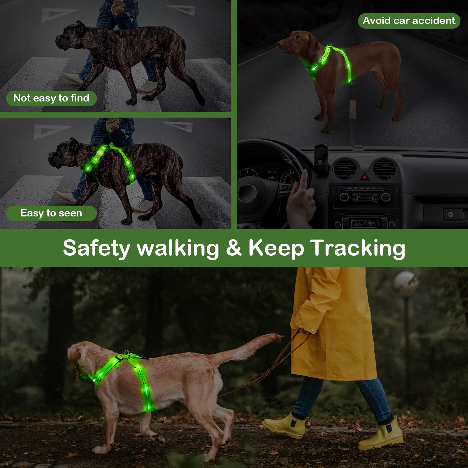 Rechargeable LED Dog Harness with Reflective Strips - Glow in The Dark Light Up Vest for Night Walking, Jogging & Outdoor Safety - Best for Small Medium Large Dogs