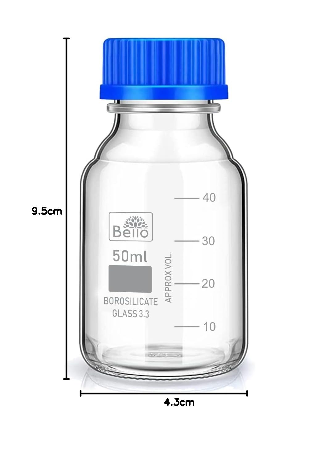 Borosilicate Glass Reagent Bottle 50ml with Leak Proof Blue Screw Cap - Wide Mouth Chemical Storage Bottle for Lab, Laboratory, Kitchen & Professional Use - Ideal for Storing Chemicals, Essential Oils, Spices & DIY Solutions