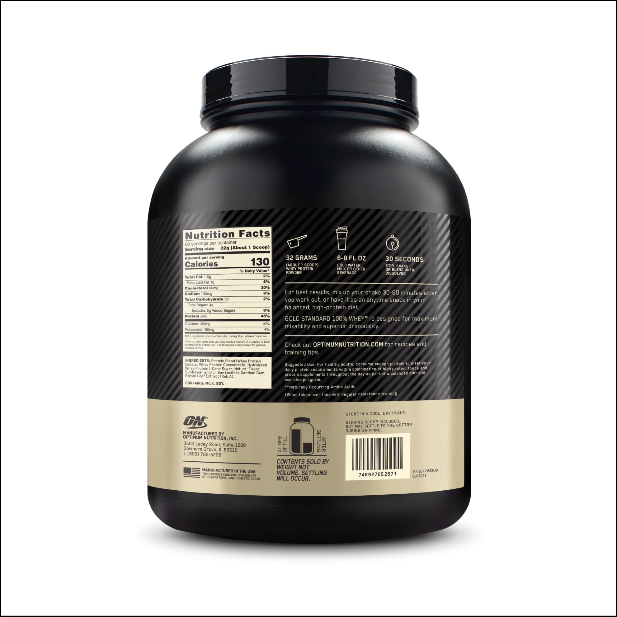 Optimum Nutrition Gold Standard 100% Whey Protein Powder - Vanilla Flavor, 5 lb (76.8 oz) - Naturally Flavored, High Quality Muscle Recovery Supplement for Post-Workout, Fitness & Bodybuilding - Packaging May Vary