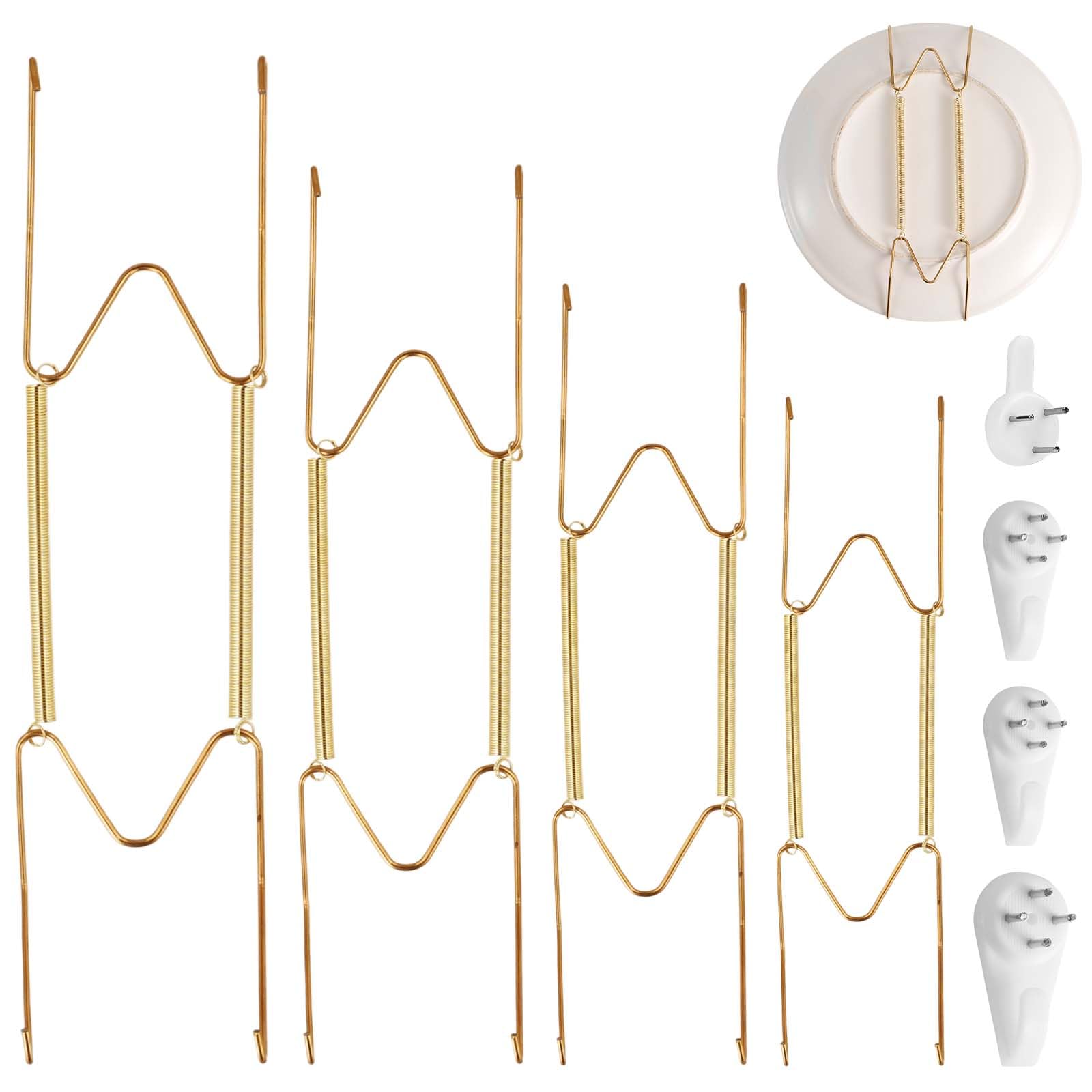 4 Pack Gold W-Shaped Plate Hangers for Wall - 6/8/10/12 Inch Stainless Steel Plate Holder Hooks - Vertical Display Mount for Decorative Plates, Antique Arts & Collectibles - Perfect for Dining Room, Kitchen Decor & Wall Gallery Display