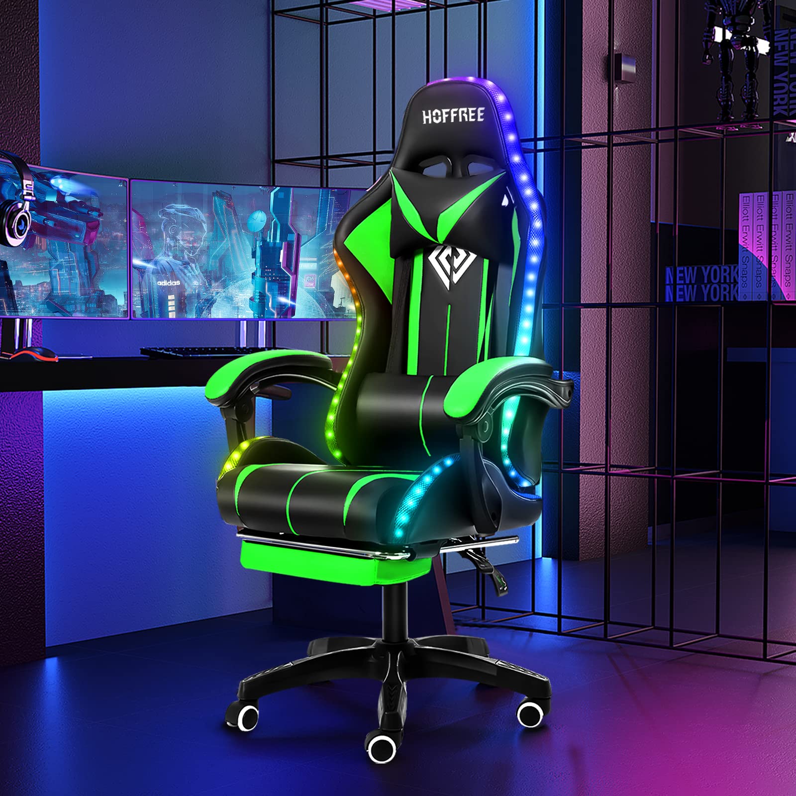 Ergonomic Gaming Chair with Massage, RGB LED Lights & Adjustable Footrest - High Back Computer Chair with Lumbar Support & Linkage Armrest (Green/Black) - Perfect for Esports, Streaming & Home Office Setup