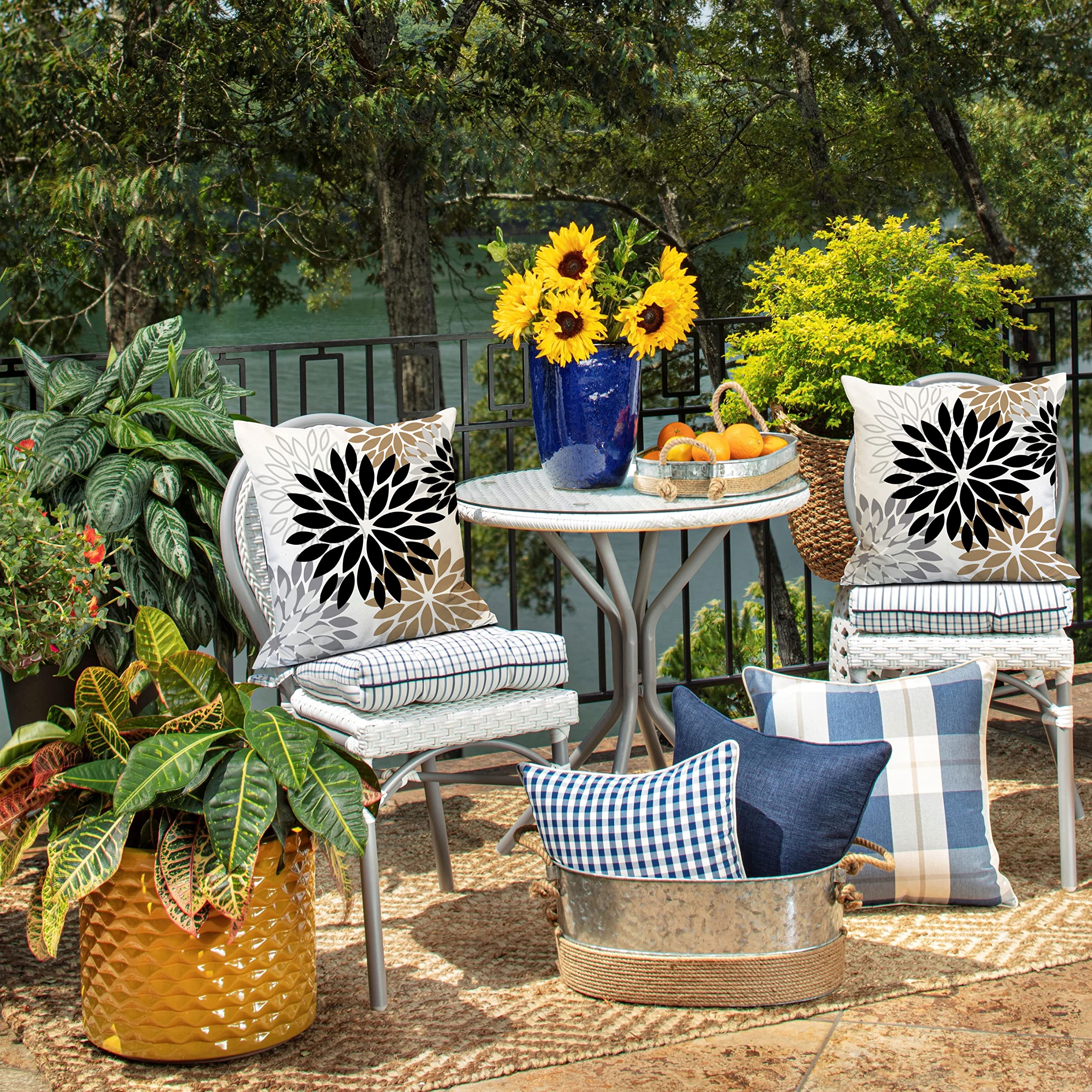 Premium Black Brown Outdoor Pillow Covers 18x18 Inch (Set of 2) - Farmhouse Modern Floral Polyester Square Cushion Cases - Waterproof & UV Resistant for Patio Furniture, Garden, Porch, Deck & Outdoor Decor