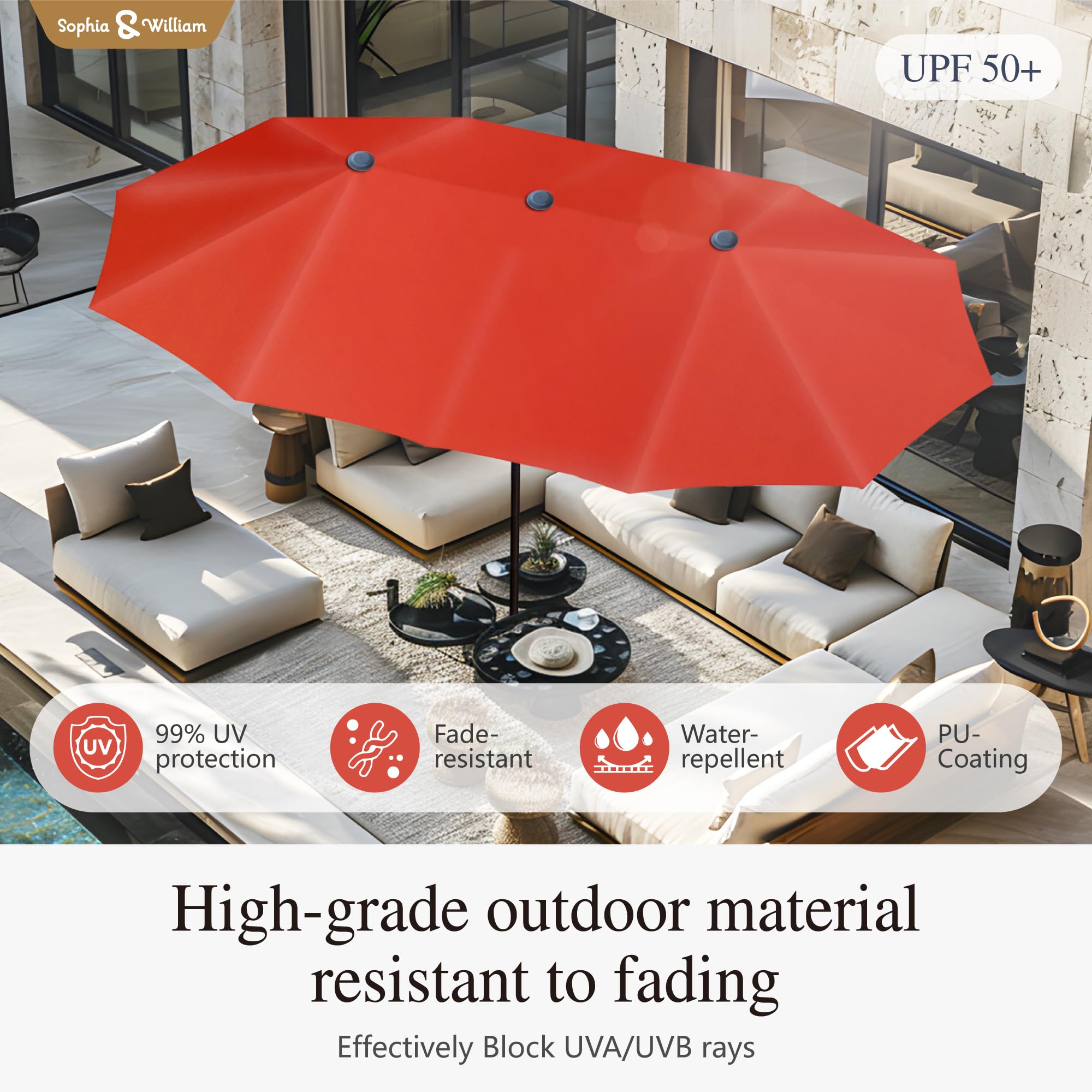 7-Piece Outdoor Patio Dining Set with 13ft Red Umbrella - Folding Metal Table & 6 Sling Chairs for Backyard, Garden, Poolside or Deck - Black Rectangular Furniture Set