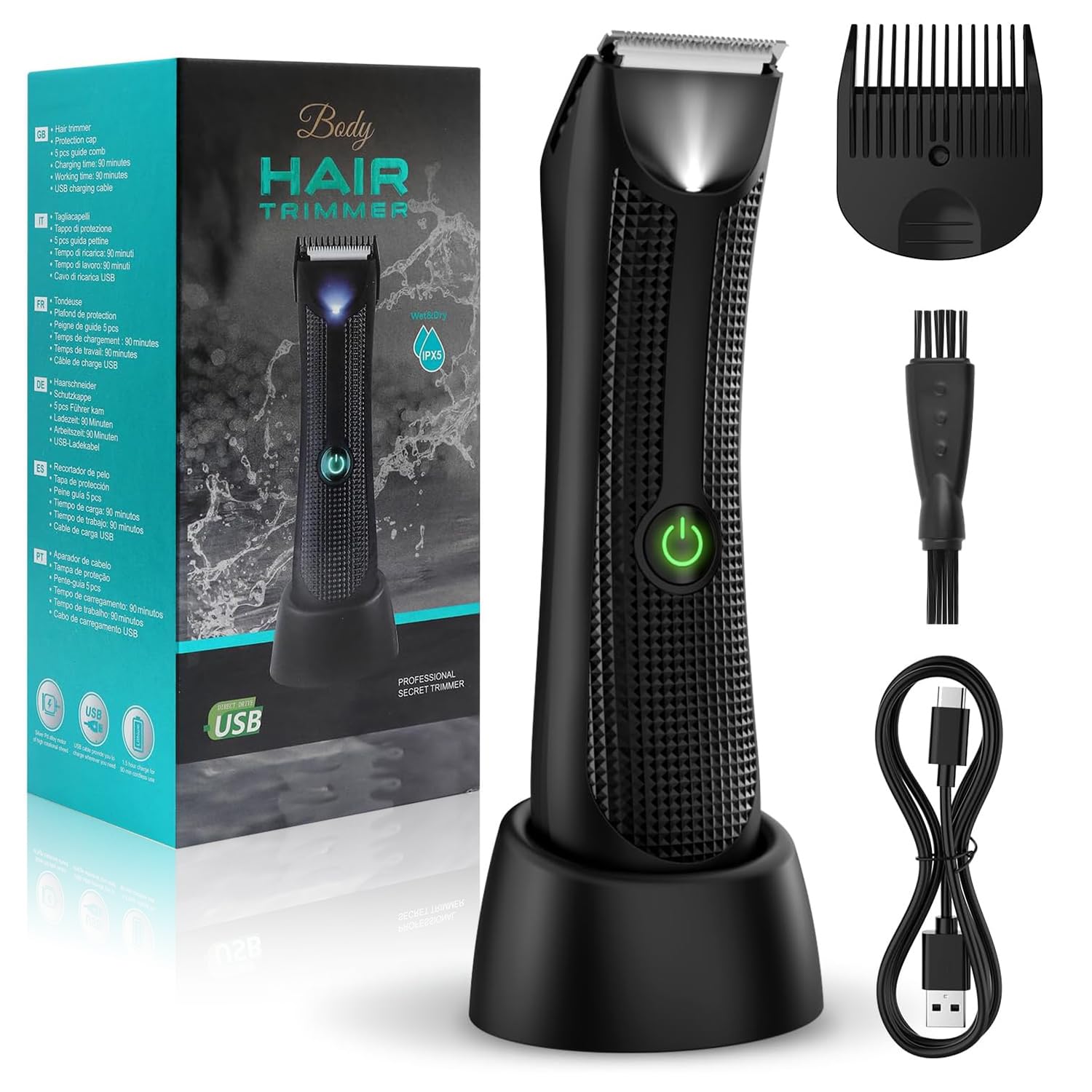 Premium Electric Body Hair Trimmer for Men - Waterproof Wet/Dry Ball Trimmer with Charging Dock - Smooth Grooming for Chest, Back, Underarms & Private Areas - Perfect for Travel, Gym & Home Use