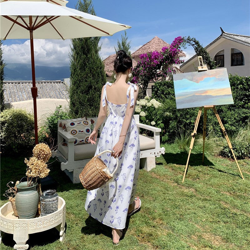 French Retro Thin Strap Long Summer Dress - Floral Print Maxi Dress in Purple | Perfect for Beach Vacations, Date Nights & Summer Weddings