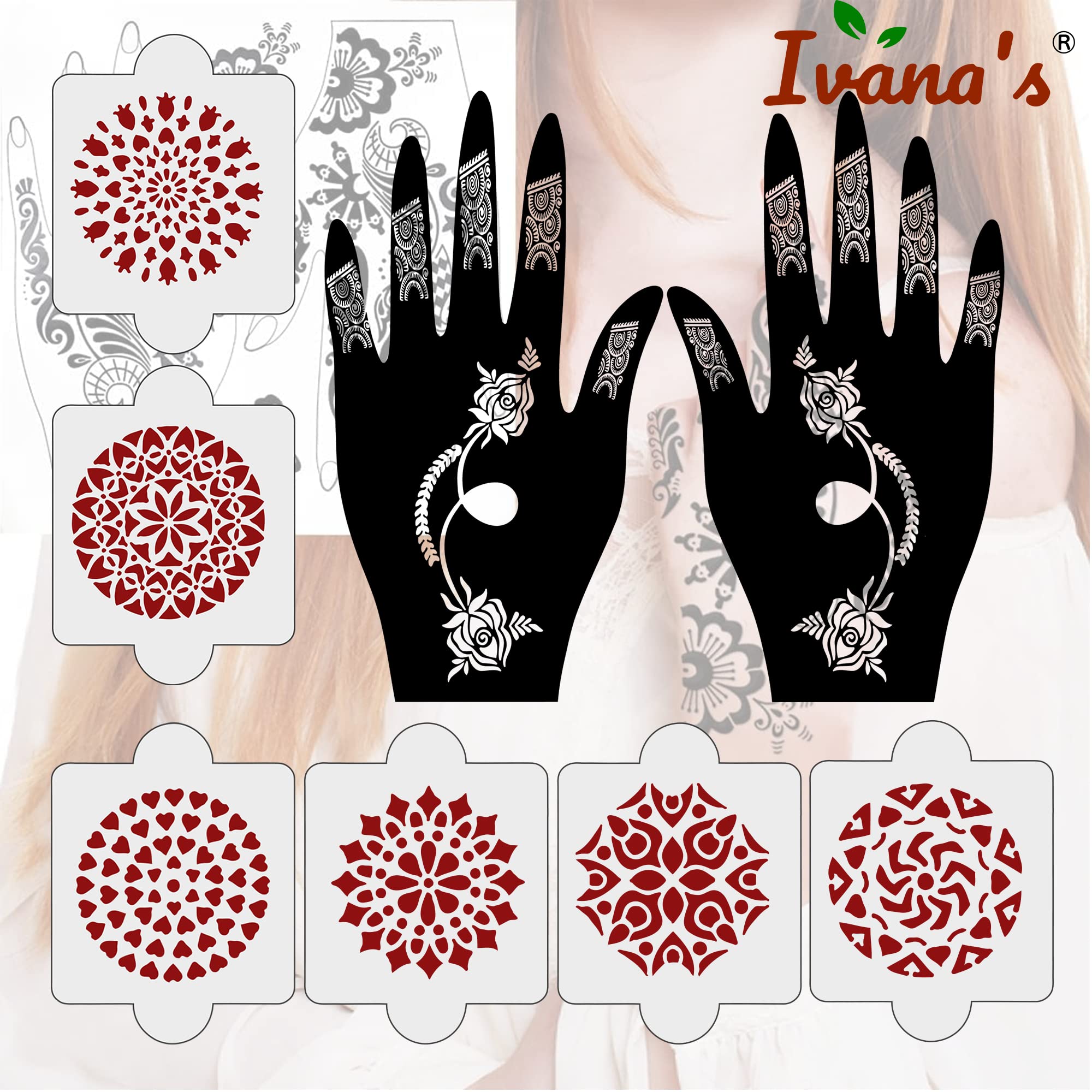 8 Pcs Reusable Henna Stencil Kit - 2 Henna Tattoo Stencils + 6 Laser Cut PVC Stickers for Hands | Easy DIY Mehndi Designs for Women, Girls & Kids | Perfect for Weddings, Parties & Festivals (IVH-32)