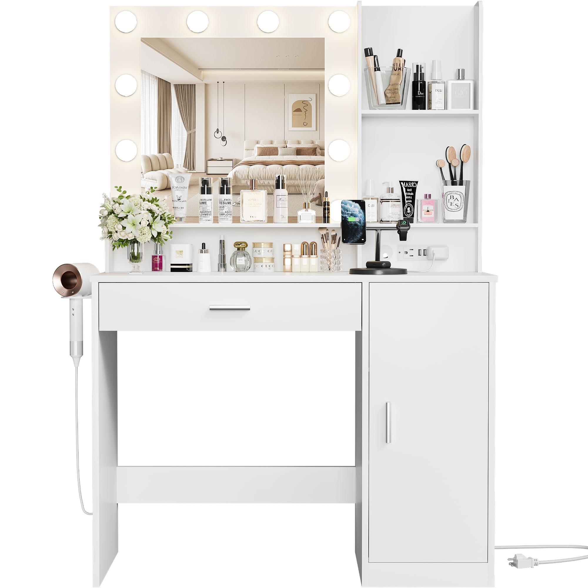 YESHOMY Vanity Desk with LED Lighted Mirror - Makeup Dressing Table with Hair Dryer Holder & Power Outlet, White Bedroom Dresser with Drawers & Storage Cabinets - 3 Adjustable Lighting Modes & Brightness Control | Perfect for Makeup Application, Hair Styling & Bedroom Organization