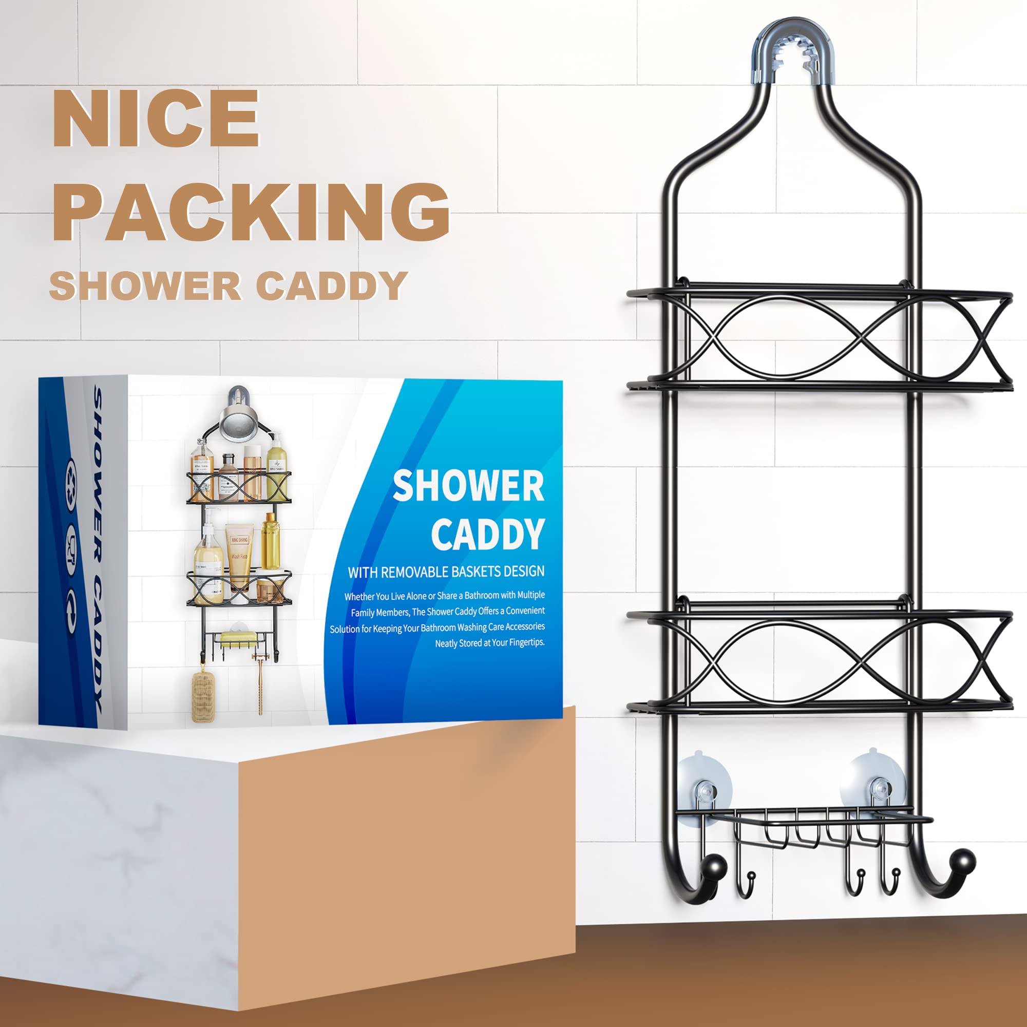 Black Rust-Proof Metal Hanging Shower Caddy - Large Bathroom Organizer for Shampoo, Conditioner, Body Wash, Soap, Razors & Sponges | Over Shower Head Storage Solution for Small Bathrooms & Apartments
