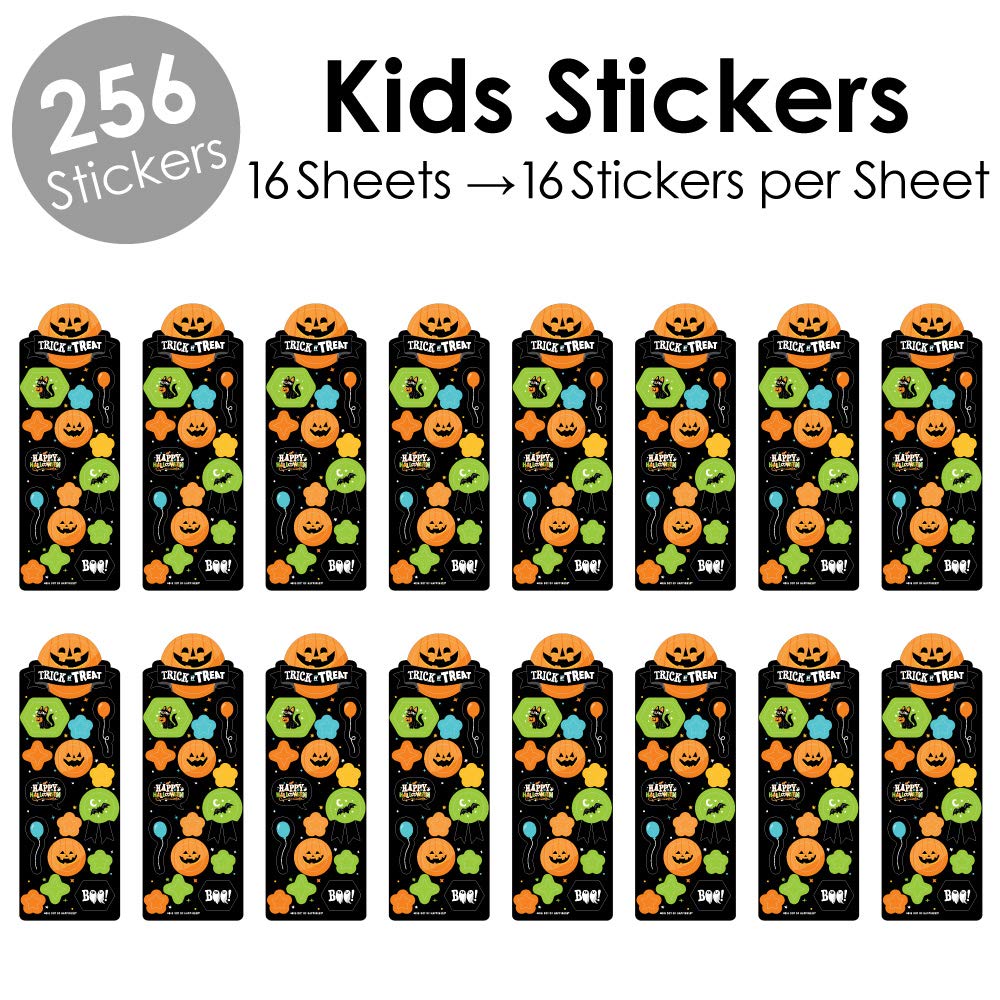 Big Dot of Happiness Jack-O'-Lantern Halloween Stickers - 16 Sheets with 256 Fun Pumpkin Stickers for Kids Halloween Party Favors, Classroom Treats & Trick-or-Treat Goodie Bags