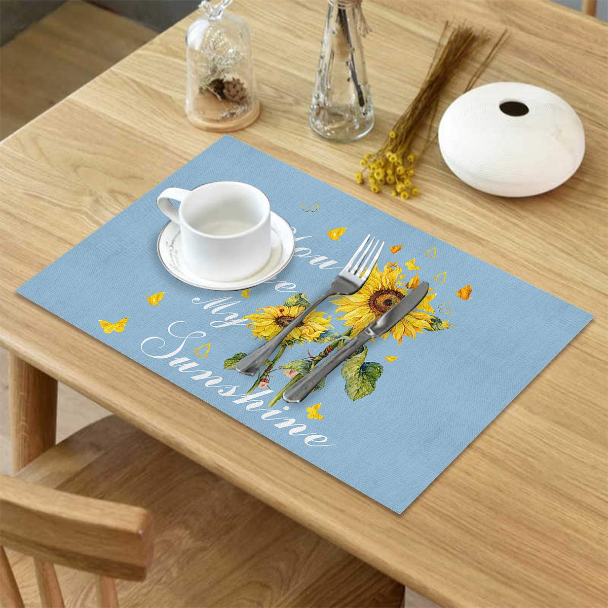 Rustic Sunflower with Butterfly Placemats Set of 4 - Heat Resistant & Washable Burlap Table Mats for Dining, Round, and Outdoor Patio Tables - Perfect for Farmhouse Decor, Picnics, and Summer Gatherings