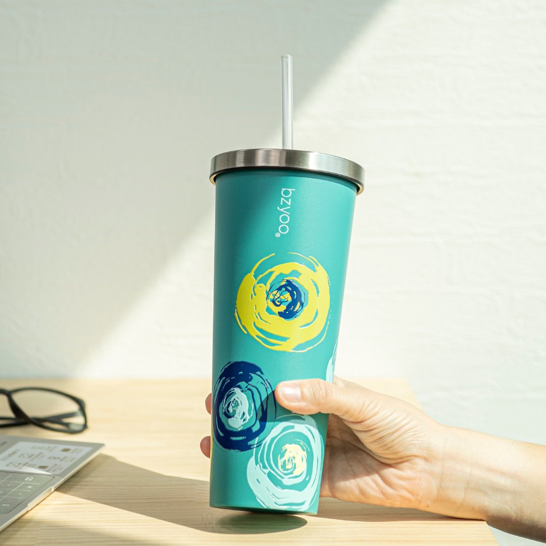 24oz Double Wall Vacuum Insulated Stainless Steel Tumbler with Straw Lid - Green Cyclone | Leakproof Travel Mug for Hot & Cold Drinks | Perfect for Gym, Office, Hiking & Outdoor Activities