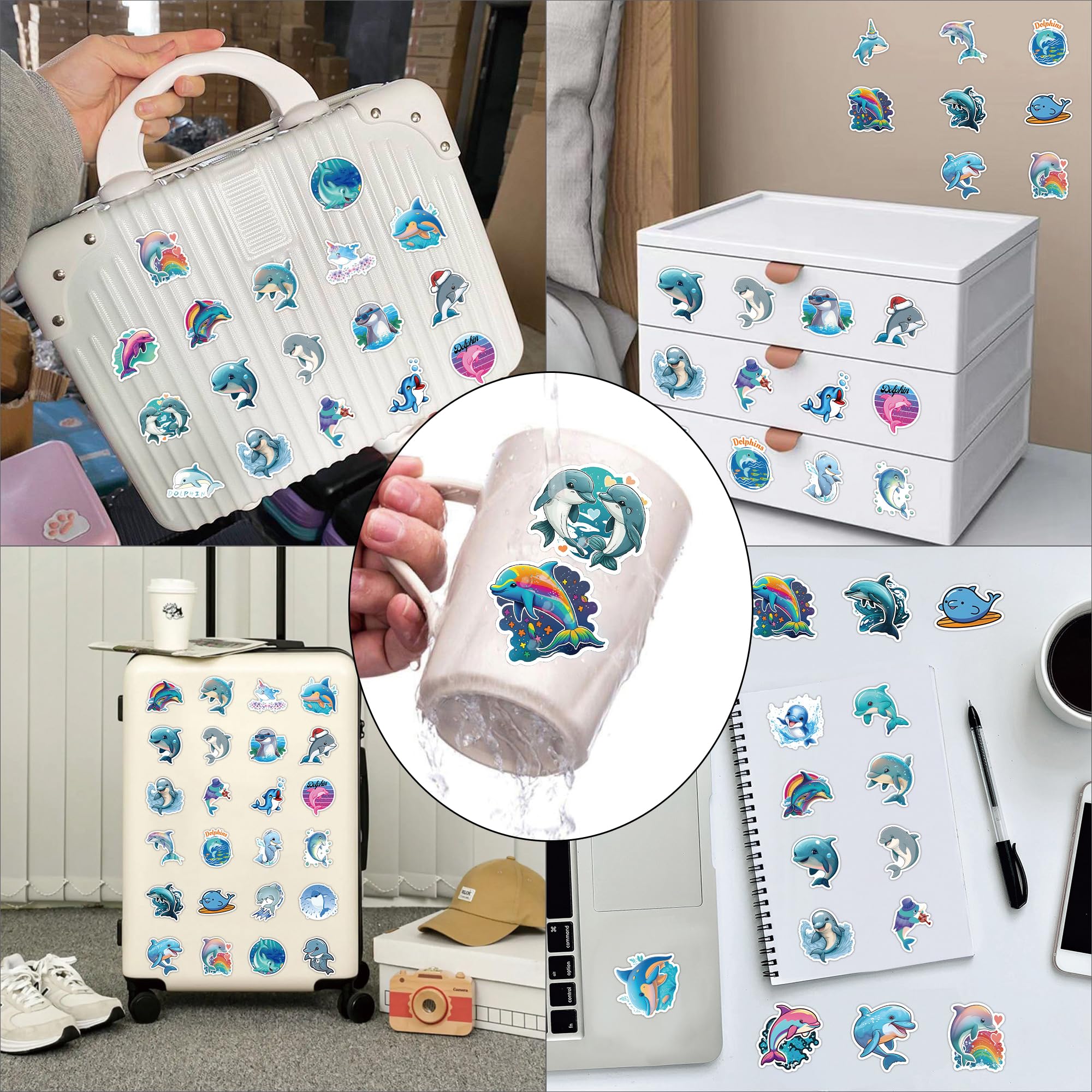 50pcs Waterproof Dolphin Stickers - Cute Cartoon Dolphin Decals for Kids, Teens, Students - DIY Vinyl Stickers for Phone, Laptop, Skateboard, Luggage, Guitar, Water Bottles - Perfect for School, Travel, and Room Decor