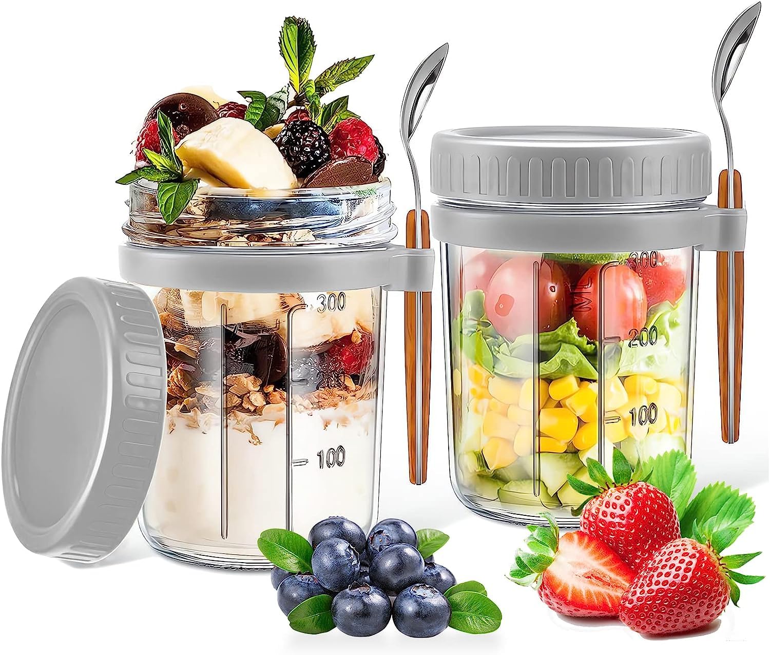 WHISKET 300ml Overnight Oats Jar with Lid & Spoon - BPA-Free Meal Prep Container for Oats, Yogurt, Milk, Fruit & Salad - Includes Measurement Marks (Grey/Blue) - Perfect for Breakfast, Office Lunch & Healthy Snacks On-The-Go