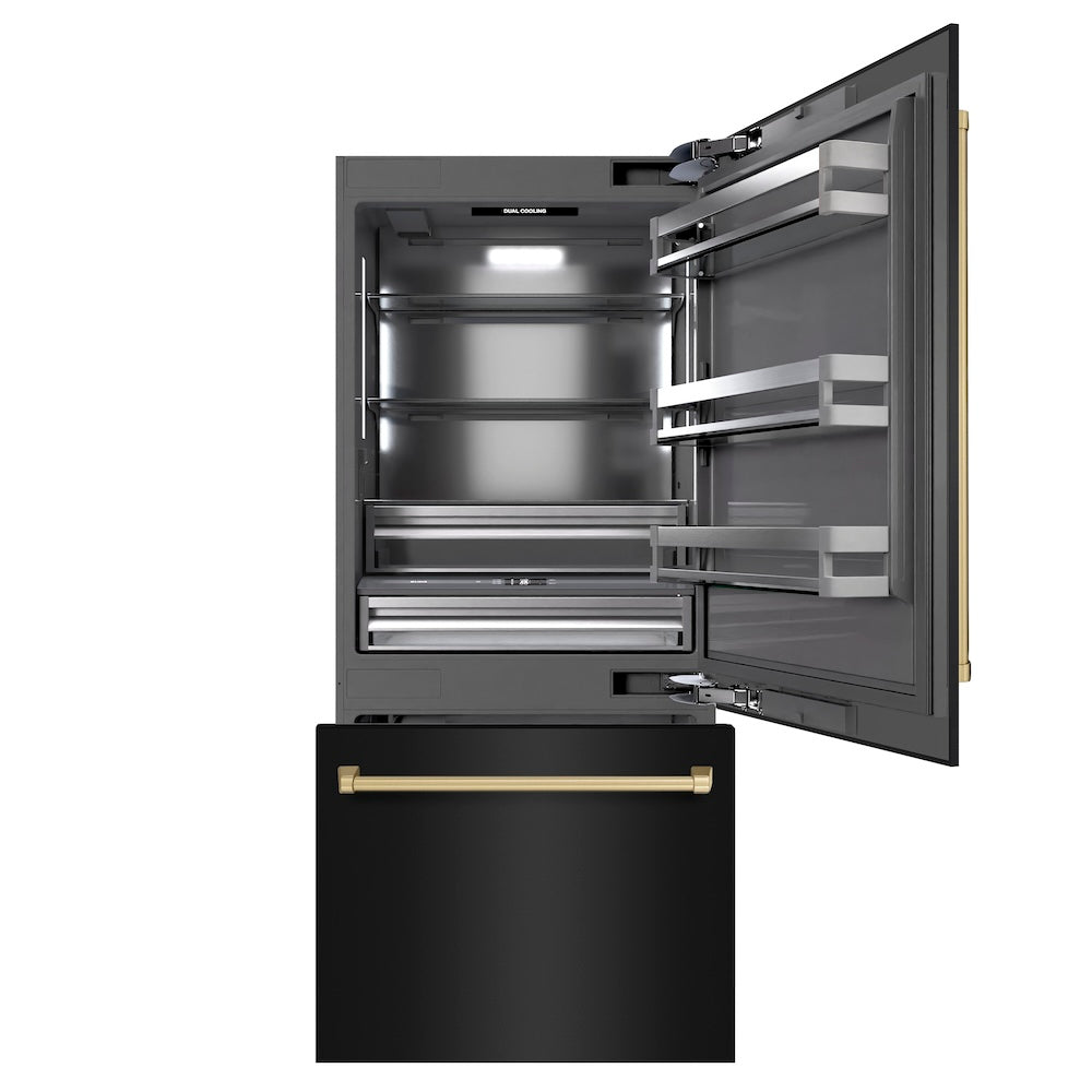 ZLINE Autograph Edition 36 Inch Built-In Bottom Freezer Refrigerator - 19.8 cu.ft Capacity, Black Stainless Steel with Graphite Gray Interior & Champagne Bronze Accents - Water Dispenser & Ice Maker (GRBITZ BS 36 CB) - Perfect for Modern Kitchens & Open-Concept Homes