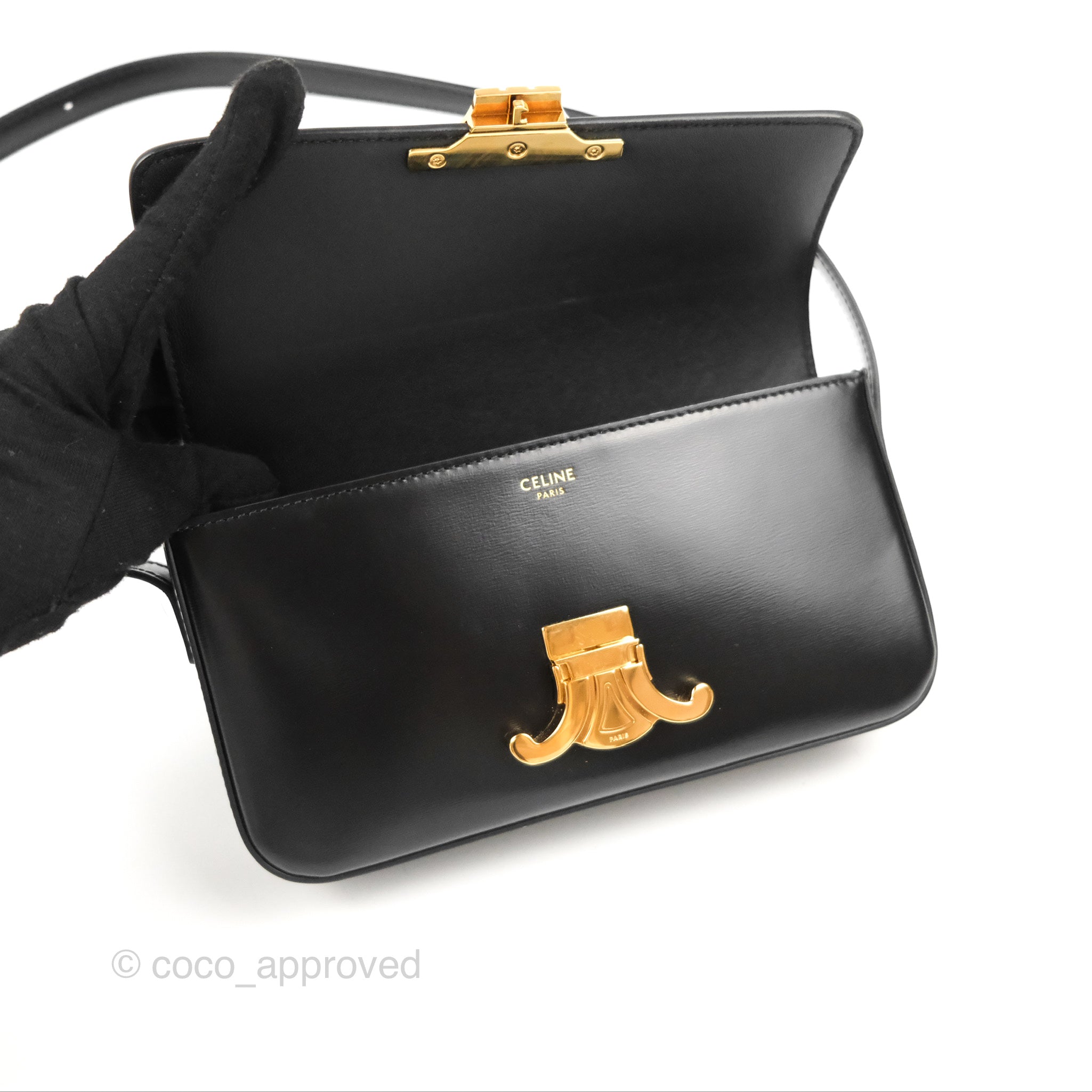 Celine Triomphe Shoulder Bag in Black Calfskin Leather - Luxury Crossbody Purse for Women, Perfect for Work, Travel & Evening Out