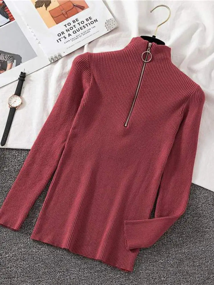 Vintage Solid Knitted Long Sleeve Zip-Up Half Turtleneck Sweater for Women - Cozy Winter Pullover for Casual Outfits & Office Wear