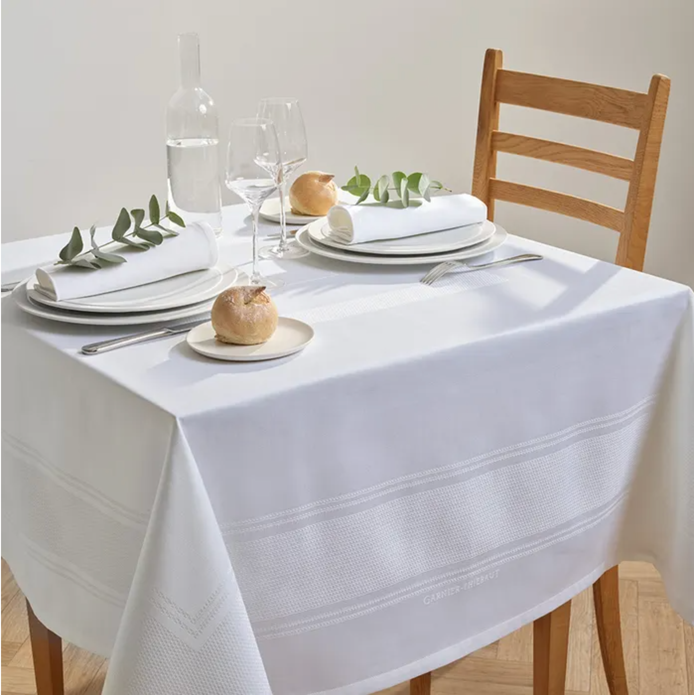 Garnier Thiebaut Jacquard Tablecloth - Signature White Stain Resistant Cotton 61x118 Inches - Perfect for Dining Room, Wedding, and Holiday Decor