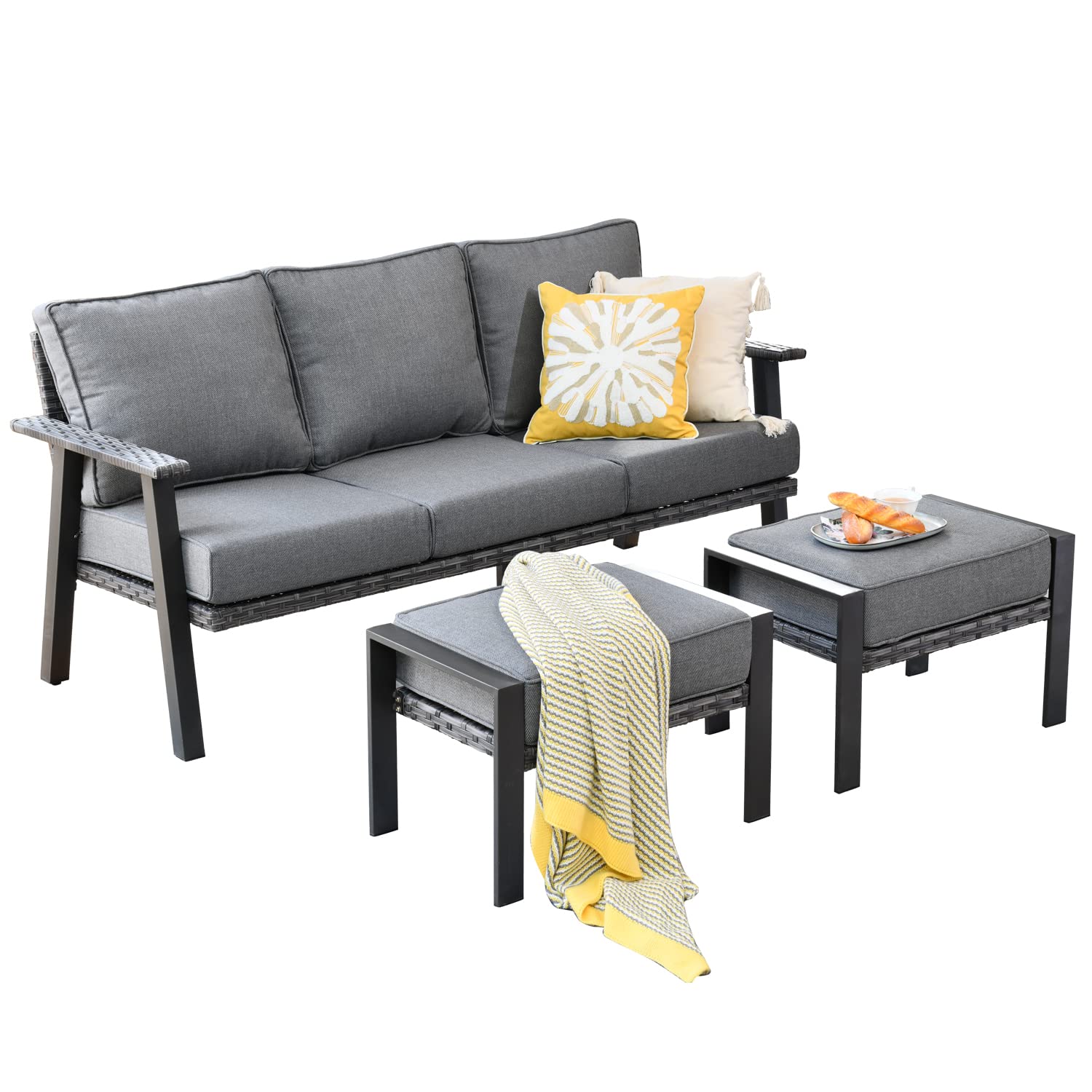 Ovios 3-Piece Patio Sofa Set with 2 Ottomans - Outdoor Wicker Rattan Couch with Comfortable Cushions - All-Weather High Back 3-Seater Sofa for Garden, Porch, or Backyard - Dark Grey