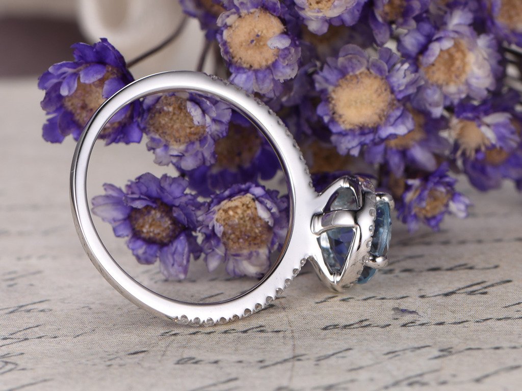 3pcs Aquamarine Engagement Ring Set - 7mm Blue Gemstone Halo Wedding Band for Brides