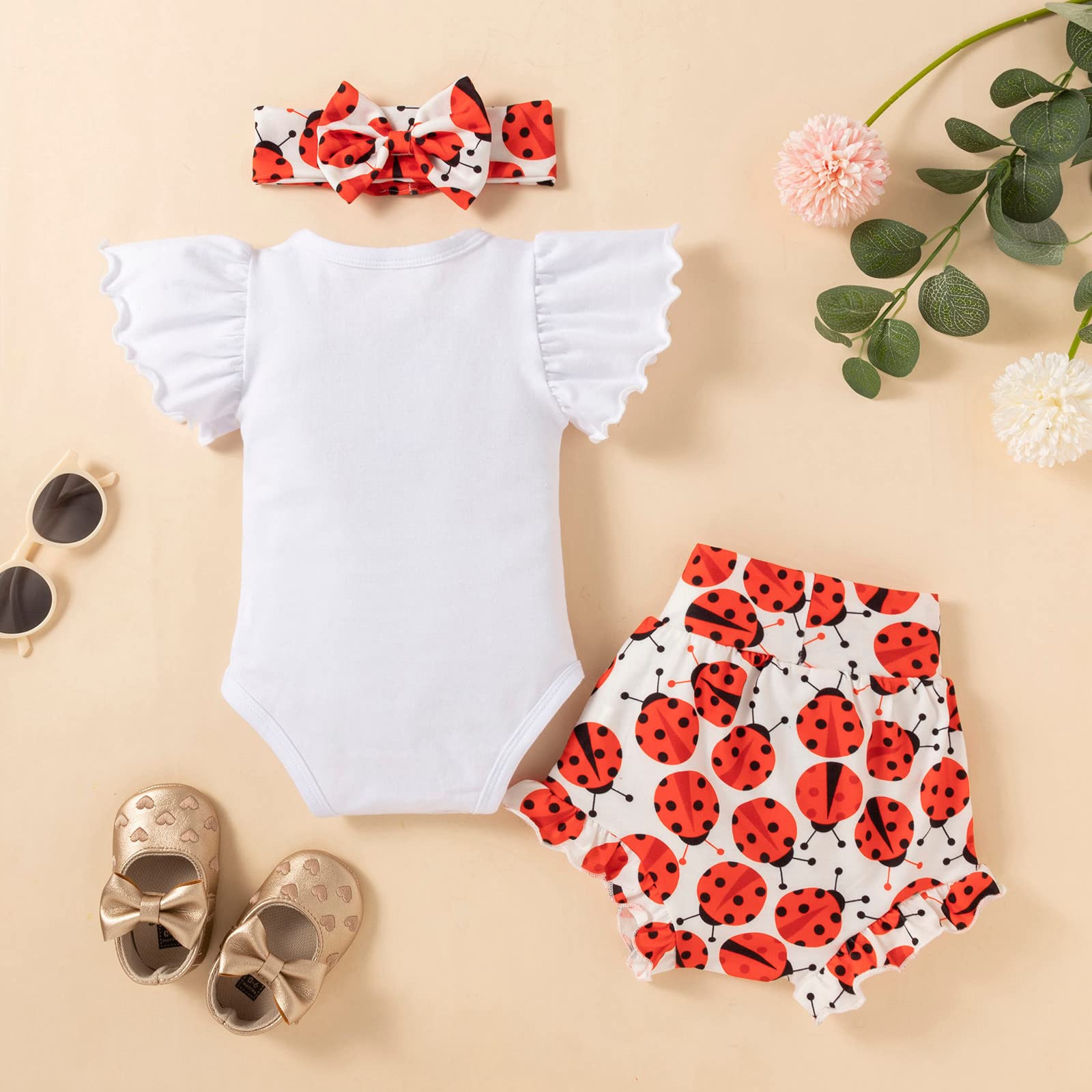 **Baby Girls Summer Outfit Set - 3PCS Short Sleeve Romper, Cartoon Shorts & Headband | Cute Playtime & Photo Shoot Outfits**