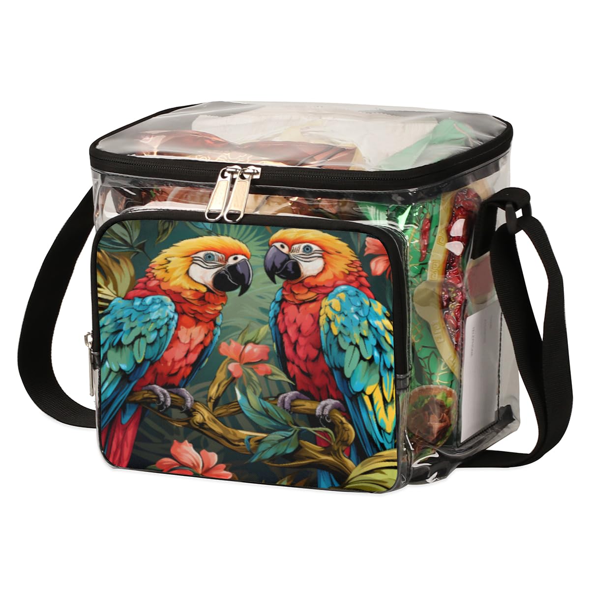 Colorful Parrot Transparent Tote Bag with Handles - Clear Crossbody Shoulder Lunch Bag for Women - Perfect for Outdoor Travel, Picnic, Concerts & Sports Events (Stadium Approved) - Multi-Color Design for Beach, Shopping & Daily Use