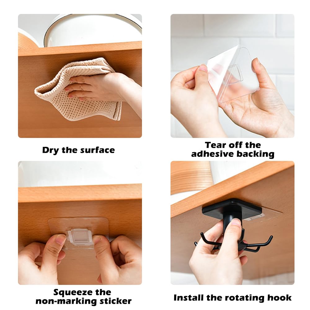 4-Pack 360° Rotating Under Cabinet Hooks - No Drill Adhesive Hanging Rack for Kitchen Utensils, Tools, Towels & Knives (Black) | Space-Saving Storage Solution for Small Kitchens & RVs
