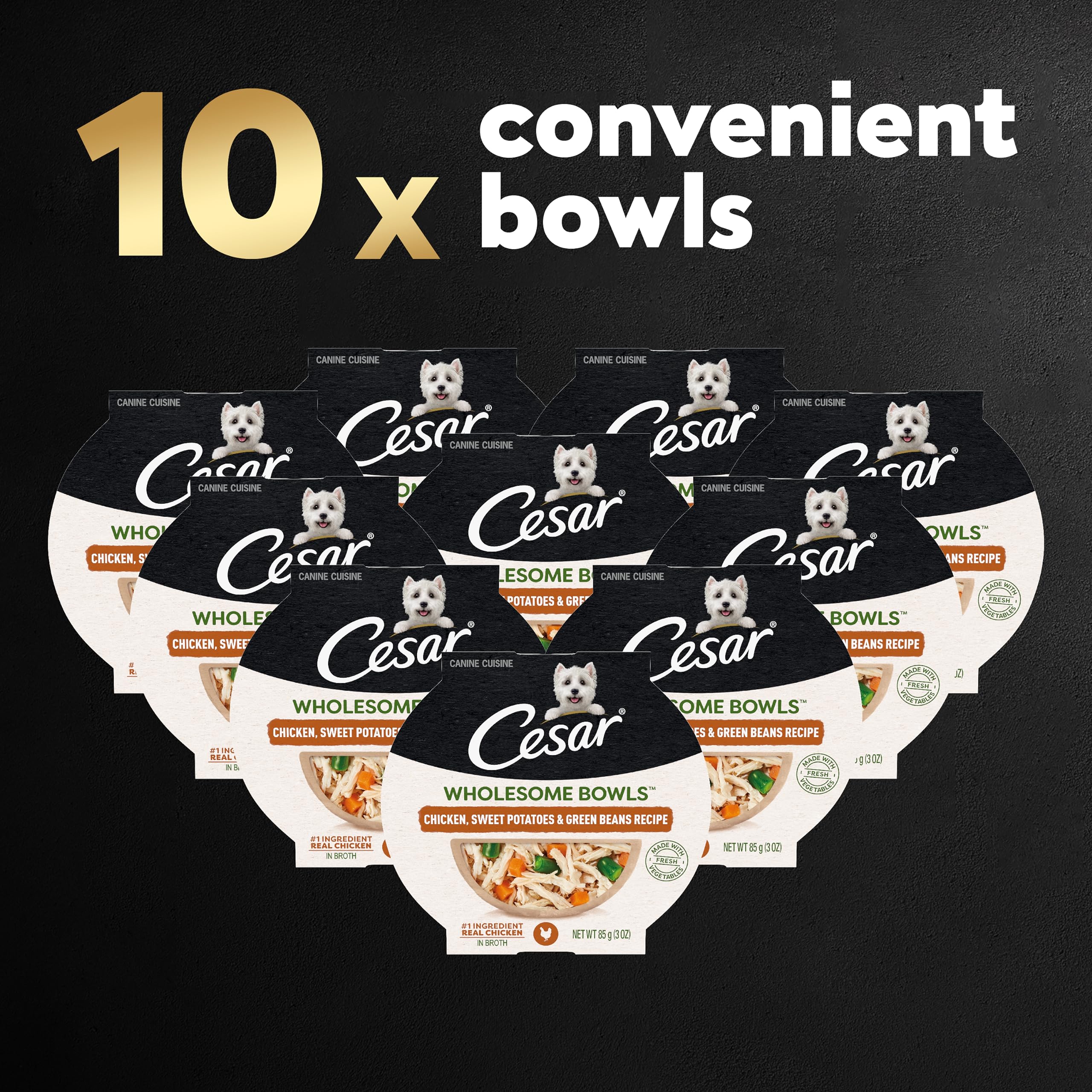 CESAR WHOLESOME BOWLS Adult Soft Wet Dog Food - Chicken, Sweet Potato & Green Beans Recipe, 3 oz (Pack of 10) | Grain-Free, High Protein Meal for Small & Medium Dogs | Perfect for Travel, Training & Senior Dogs