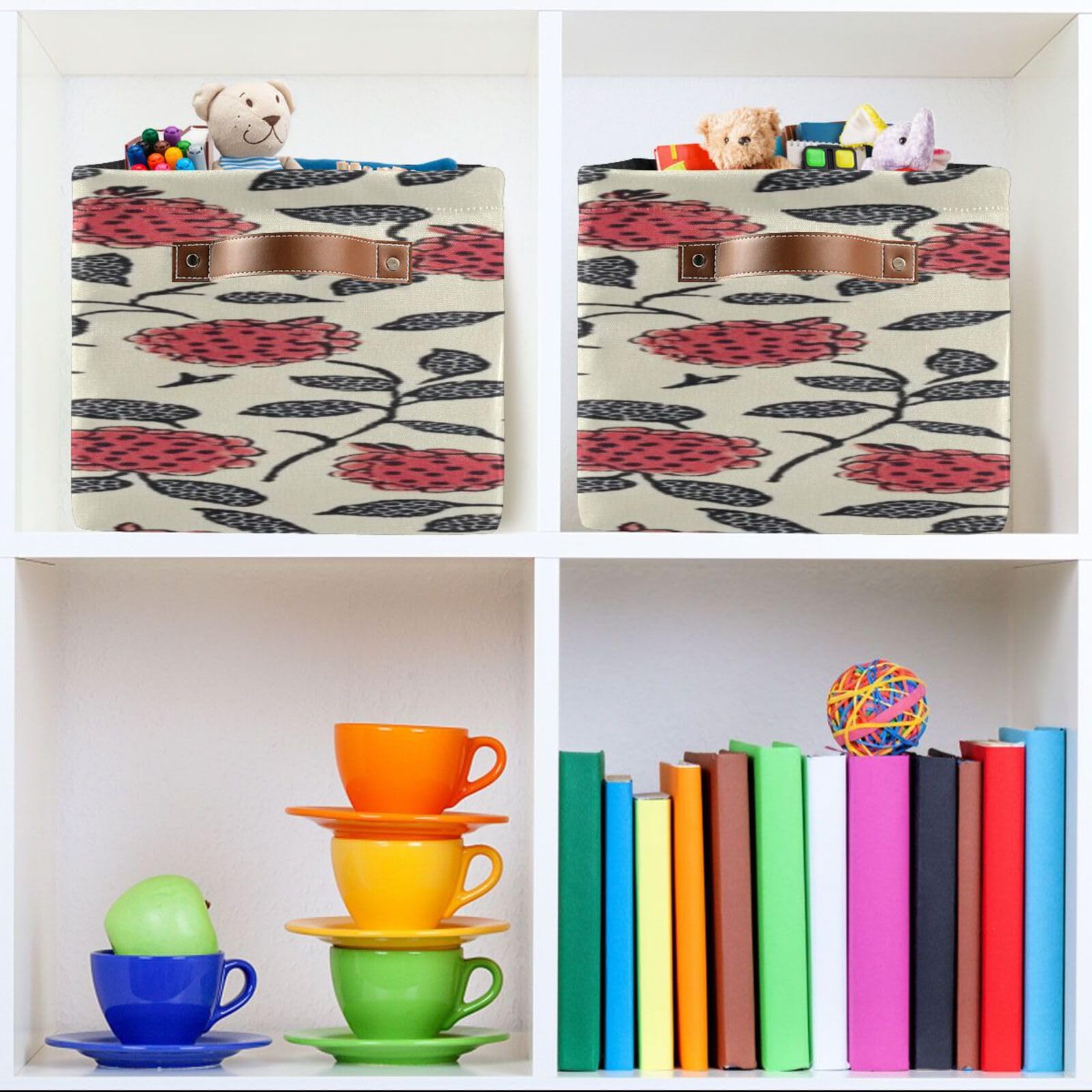 Large Storage Baskets with Handles - Foldable Home Organization Bins for Closet, Shelves & Pantry (2-Pack, Pomegranate Flower) | Perfect for Bedroom Storage, Toy Organization & Laundry Sorting